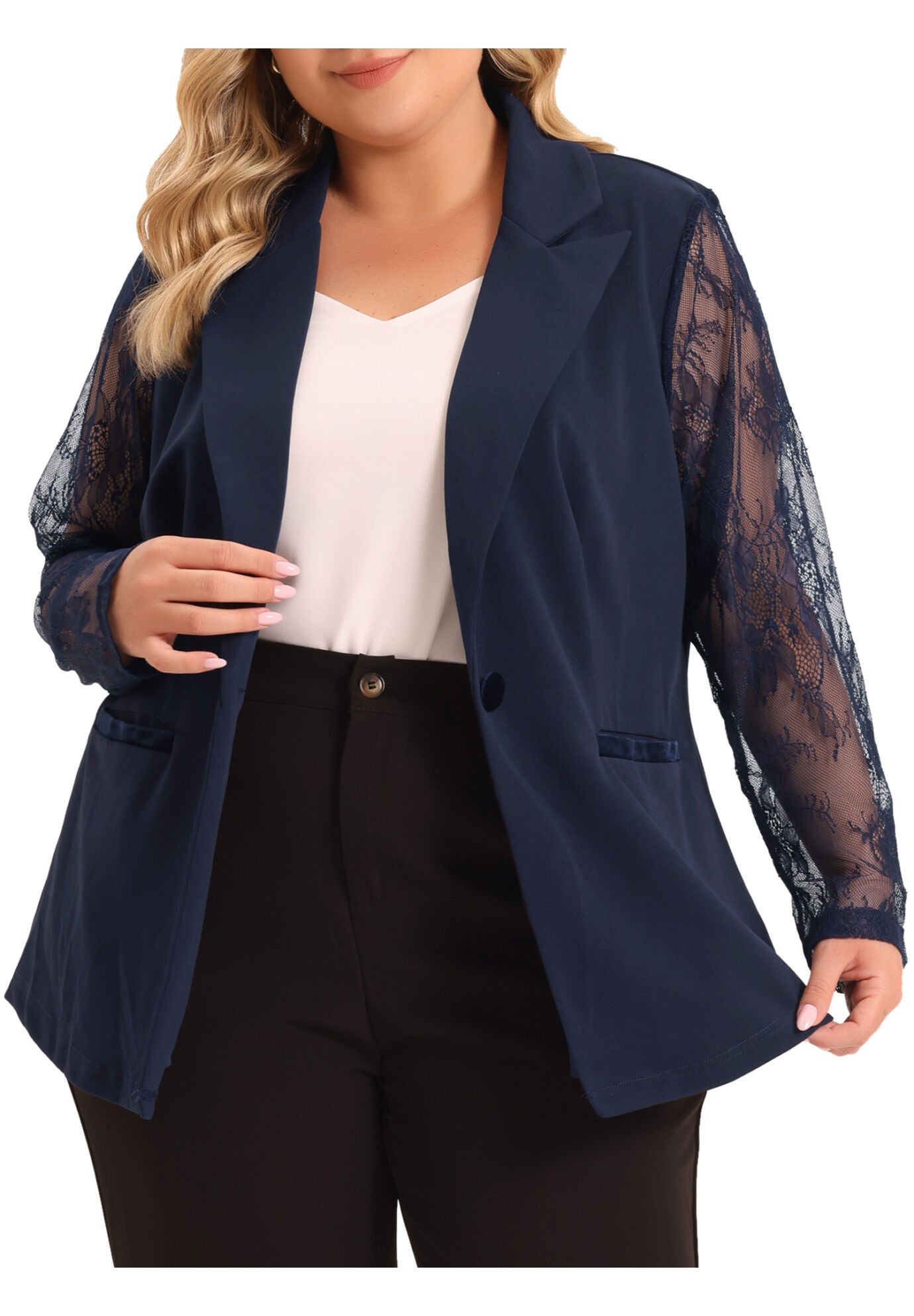 NOTCH LAPEL LACE FRONT BLAZER JACKET, Navy Blue / Navy, alternate image number 1