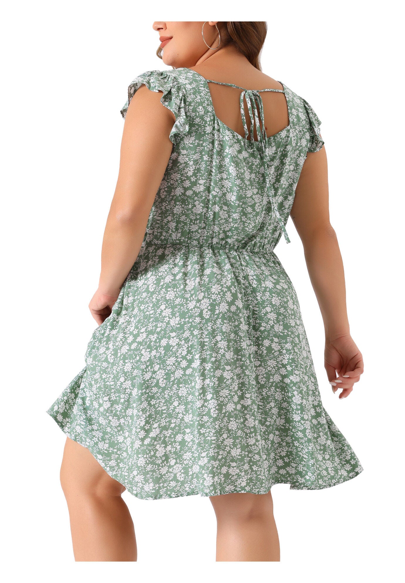 Summer Square Neck Ruffle Short Sleeve Midi Dress, Green / Light Green, alternate image number 3