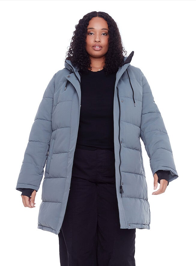 Women's Plus Size - AULAVIK | Vegan Down Recycled Mid-Length Hooded Parka Coat, Slate / Cool Gray, hi-res image number 0