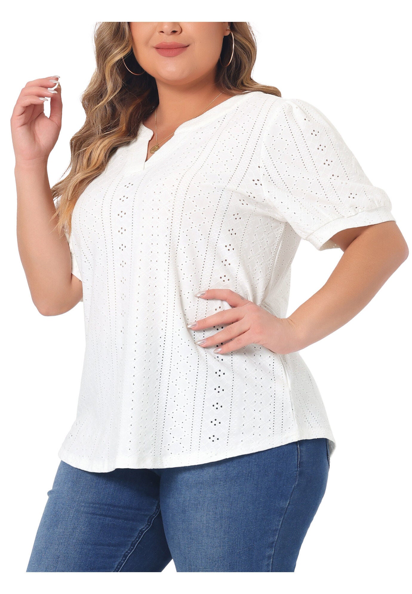 Hollow Casual V Neck Short Sleeve Summer Blouse, White / White, alternate image number 1