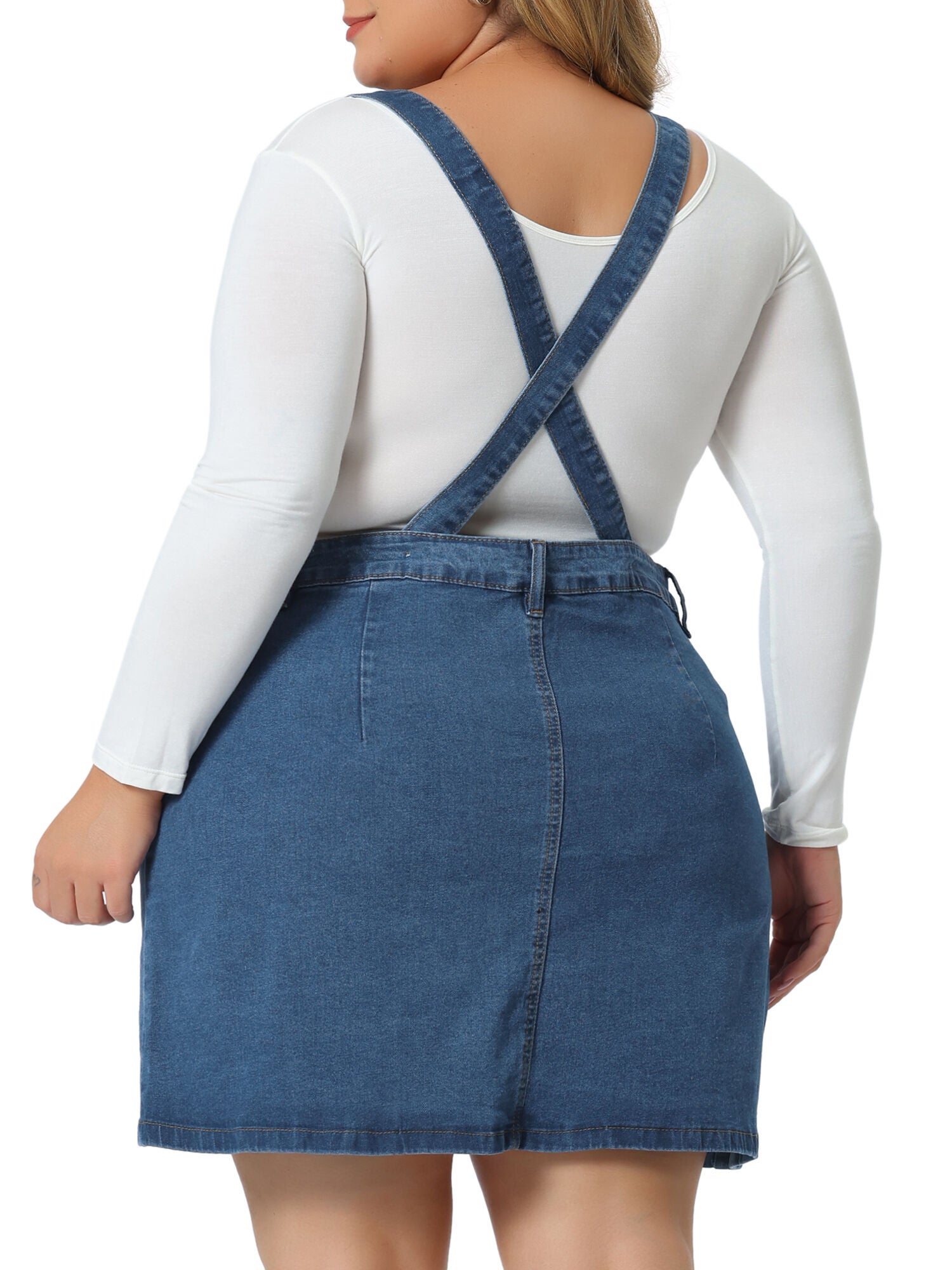 Suspender Skirt Adjustable Strap Cross Back Mini Denim A-Line Overall Dress, Blue / Chambray Denim Medium, alternate image number 3