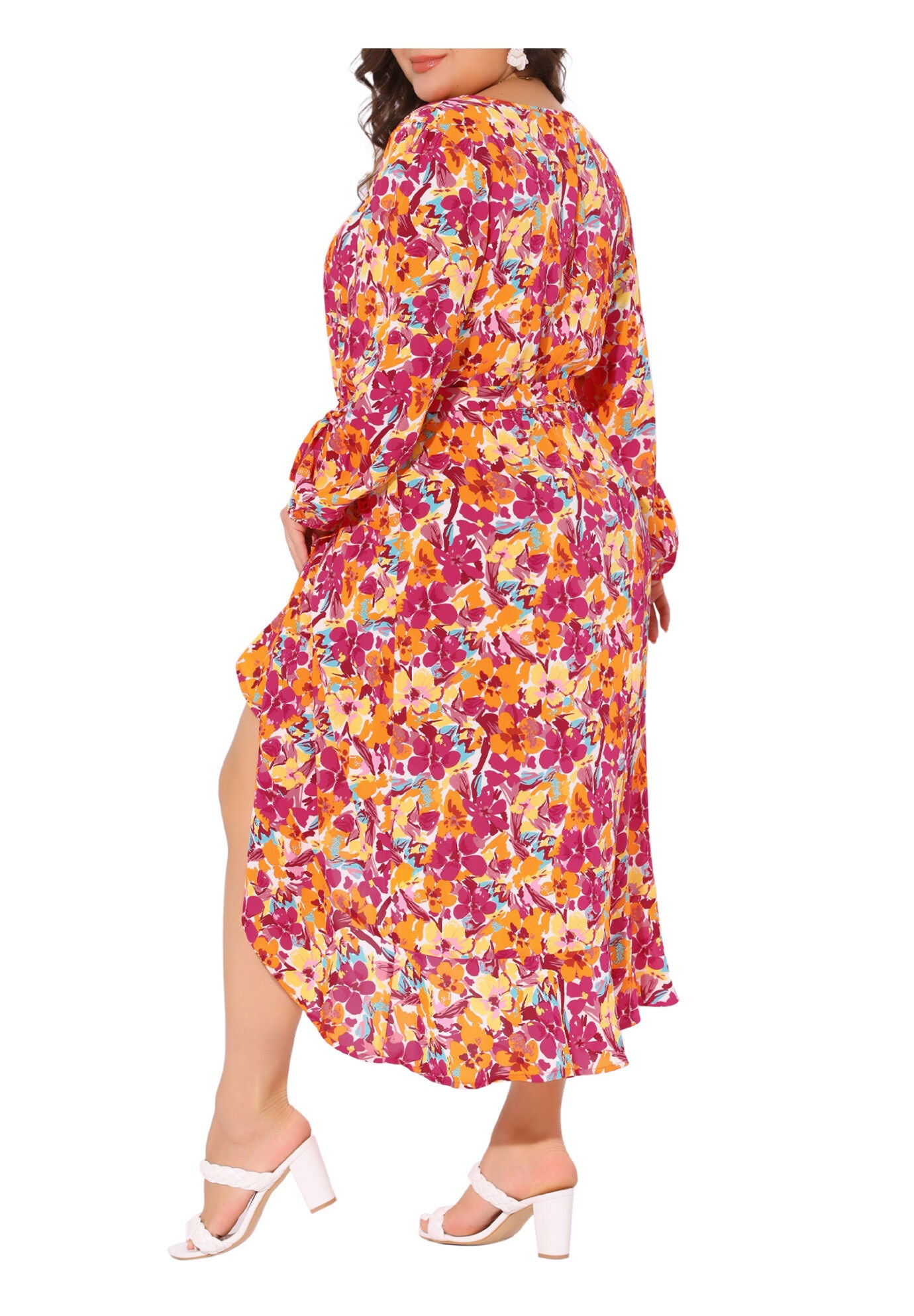V Neck Long Sleeve Ruffle Chiffon Flowy Floral Maxi Dress with Belt, Orange / Orange, alternate image number 3