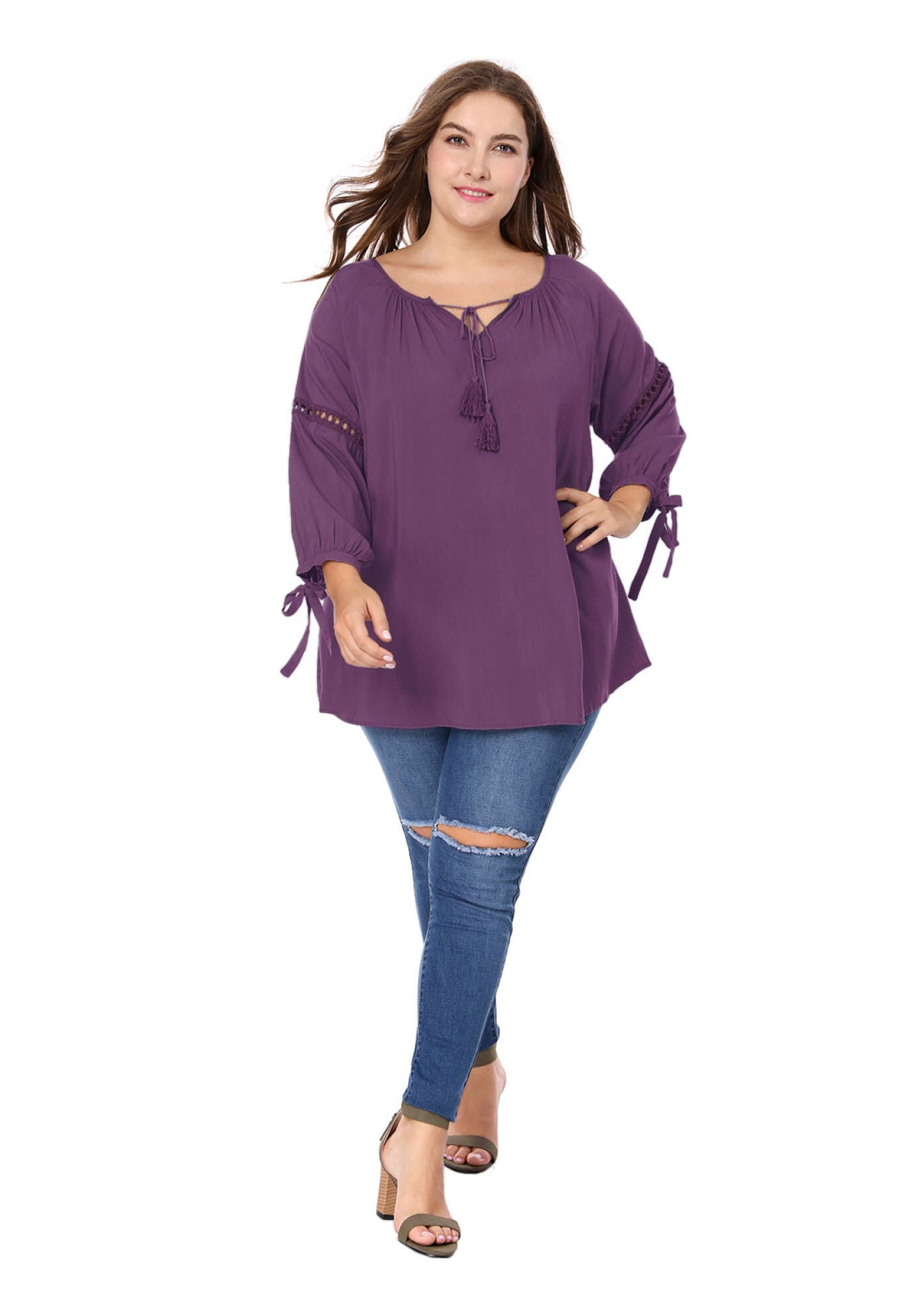 RAGLAN SLEEVES HOLLOW OUT TIE NECK PEASANT TOP, Purple / Purple, hi-res image number 0