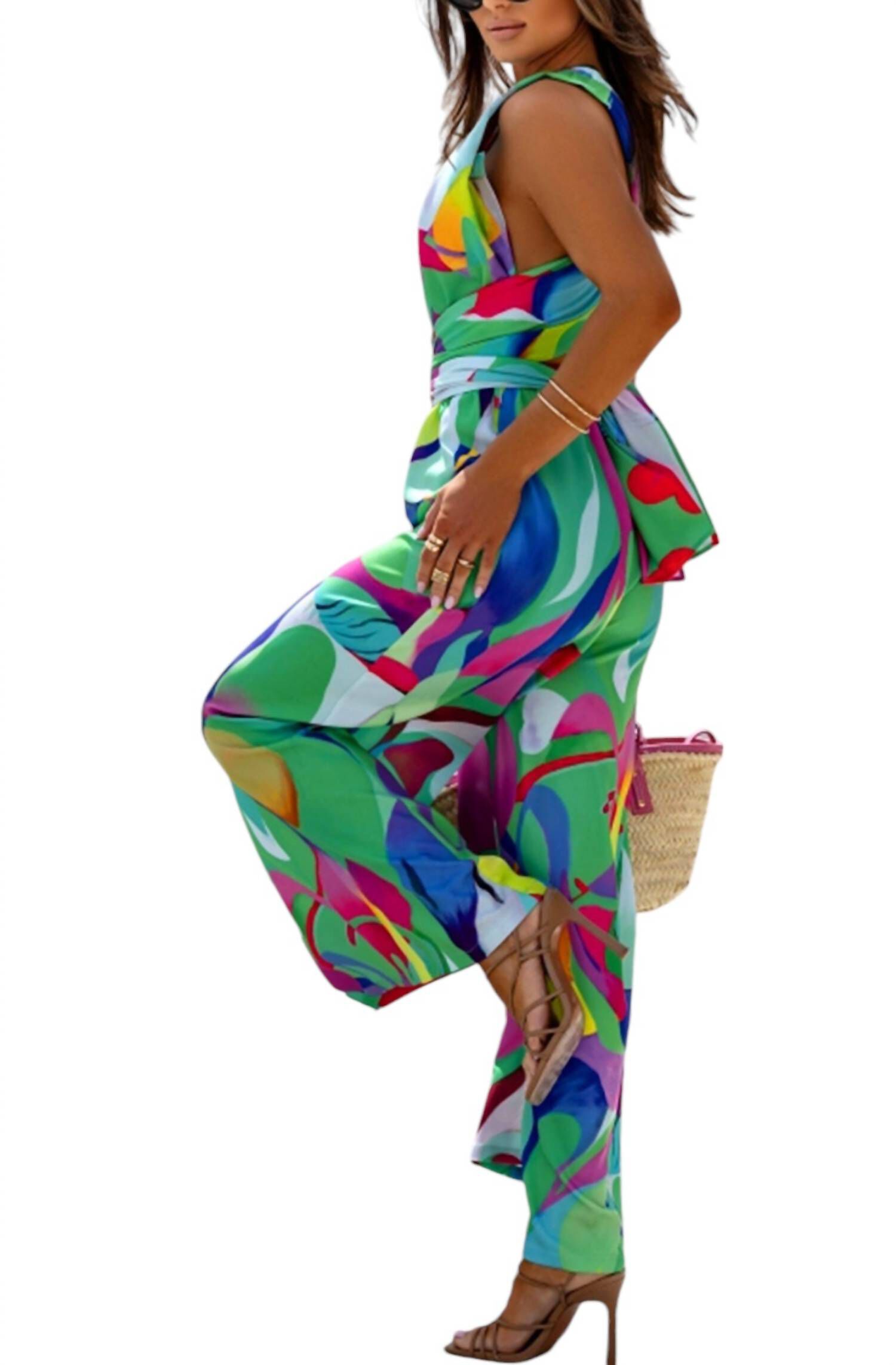 Valina Tie Up Abstract Wide Leg Jumpsuit, Green / Kelly Green, alternate image number 2