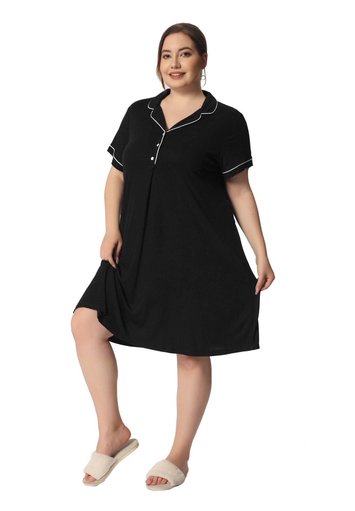 Short Sleeves Pajama Button Down Nightshirt, Black / Black, hi-res image number 0