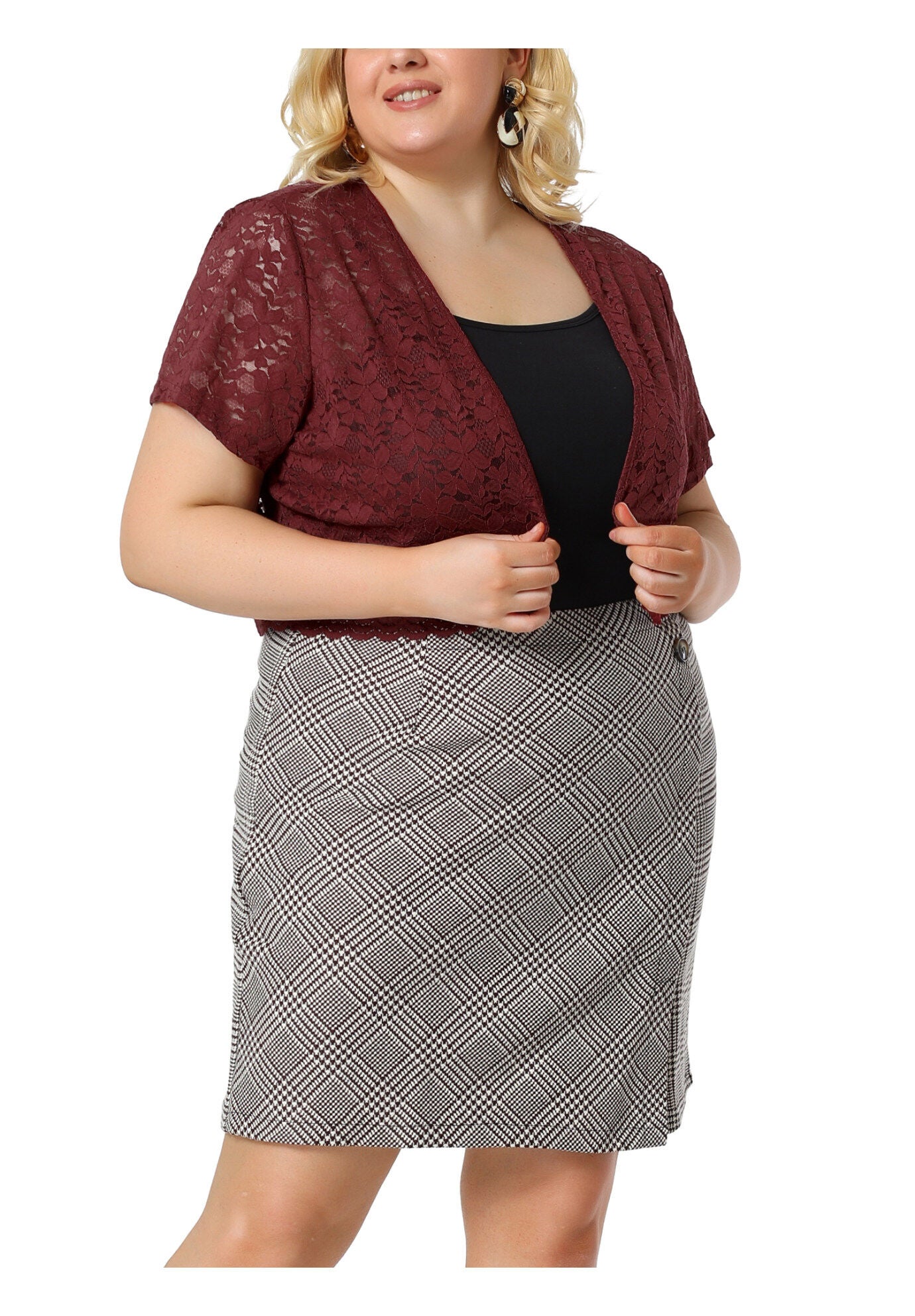 OPEN FRONT SHORT SLEEVE CROCHET LACE CROPPED BOLERO SHRUG CARDIGAN, Burgundy / Red, alternate image number 3