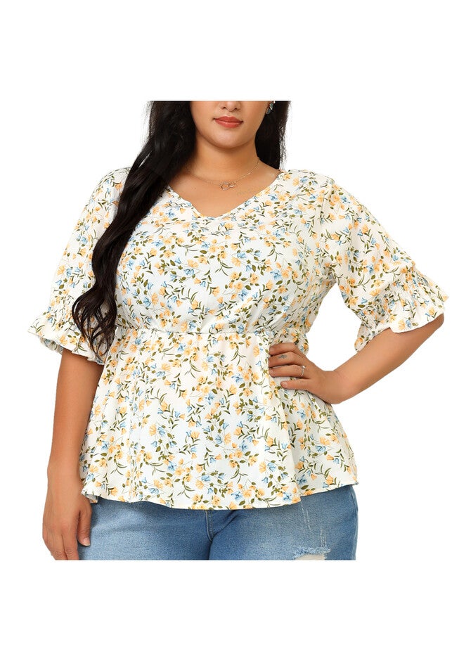 Chic V Neck Short Sleeve Floral Peplum Blouse, White / White, alternate image number 1