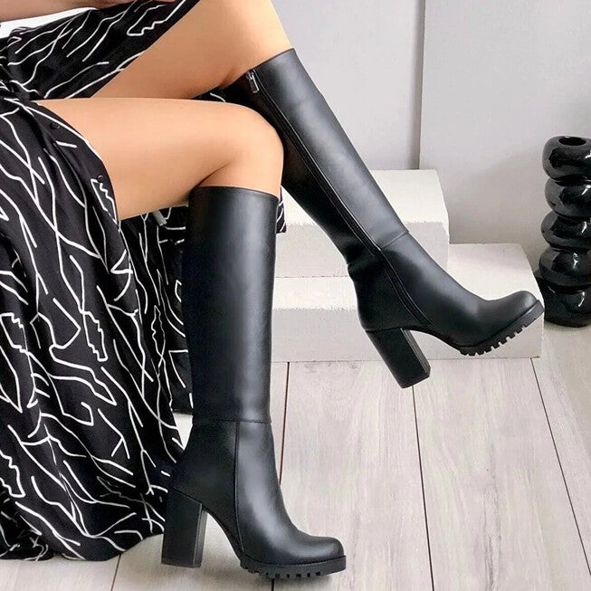 ALIZE - BLACK WIDE CALF PLATFORM BOOTS, BLACK / Black, alternate image number 1