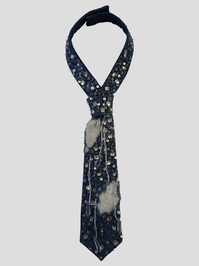 FRAYED CRYSTAL TIE IN DENIM, Denim / Charcoal Grey, hi-res image number null