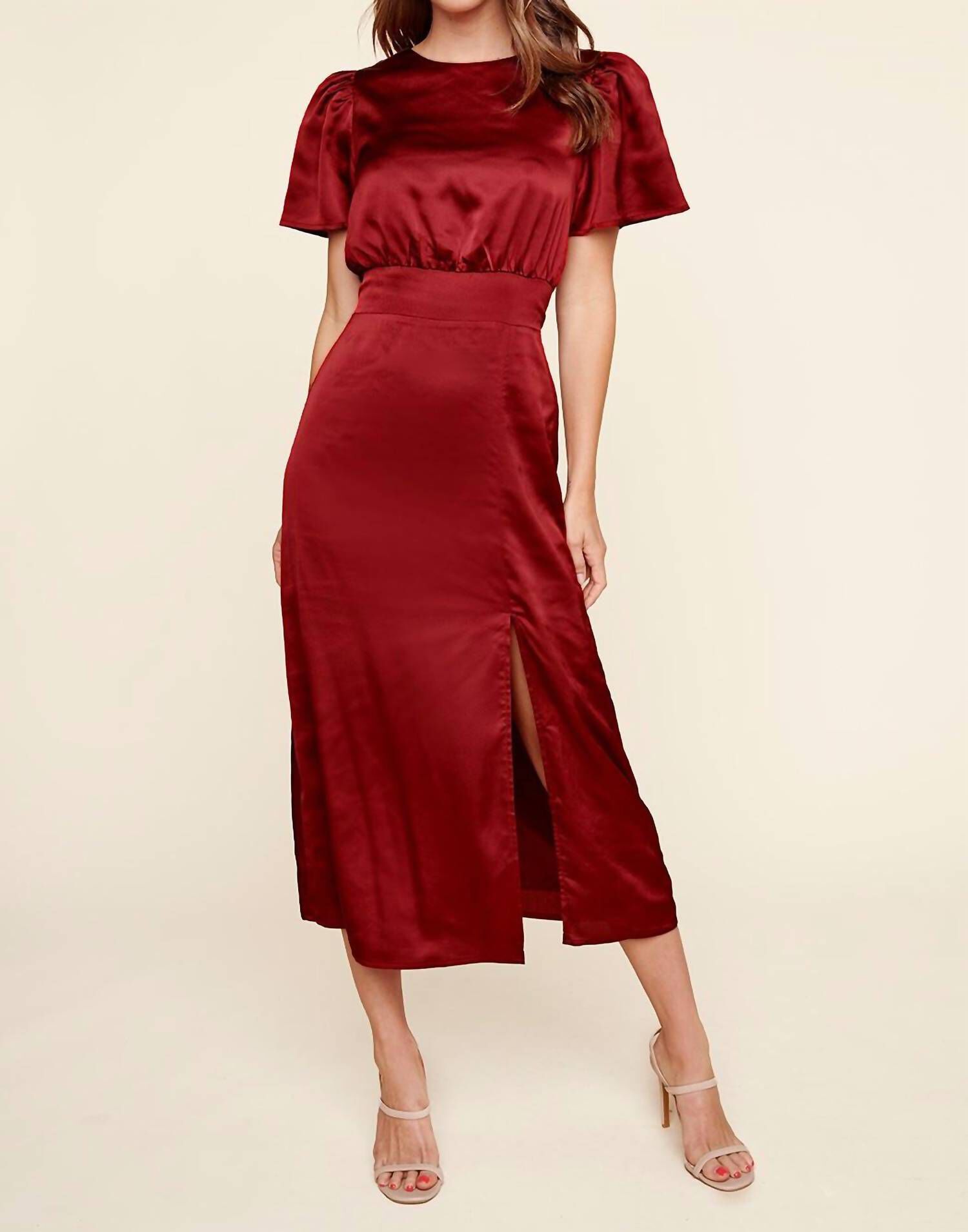 Lavinia Burgundy Red Satin Midi Dress