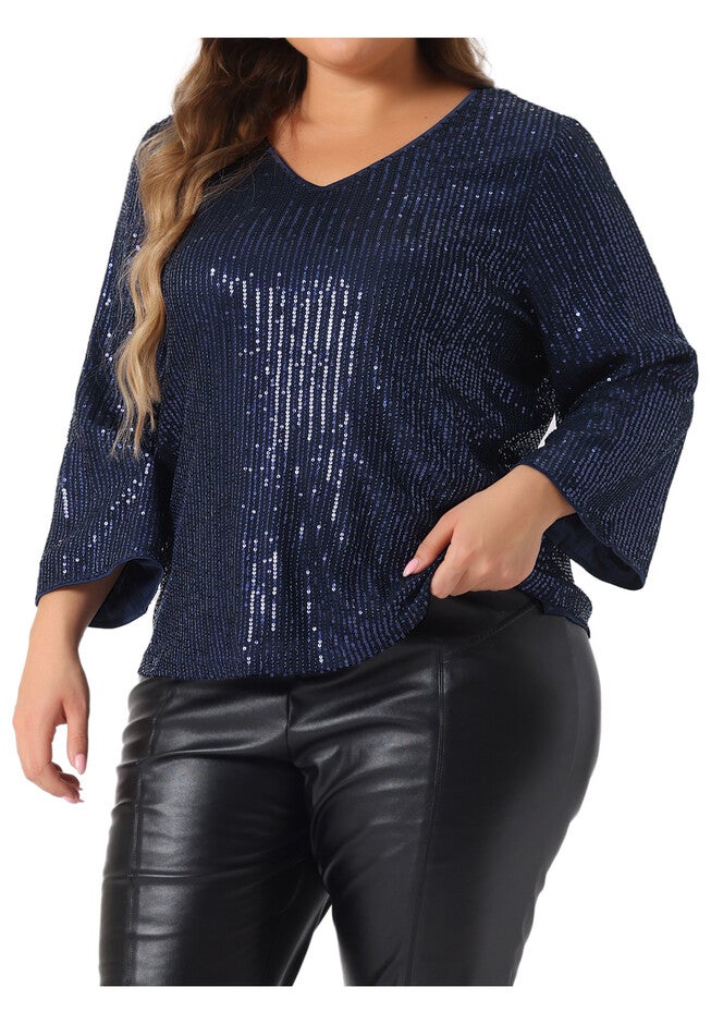 Sequin 3/4 Sleeve V Neck Glitter Top, Navy Blue / Navy, alternate image number 1