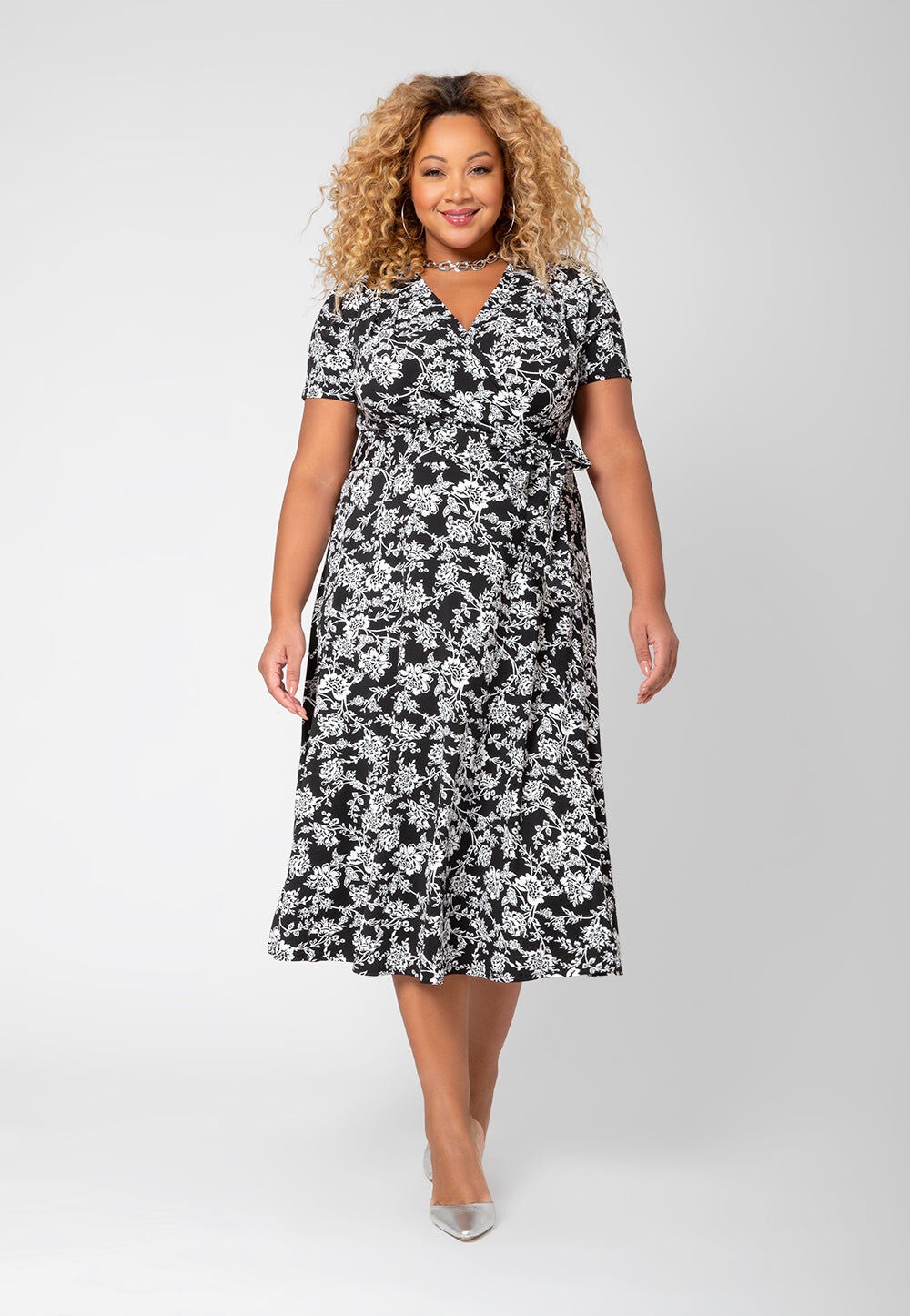 Monique V-Neck Midi Dress, White  Black / White, hi-res image number 0