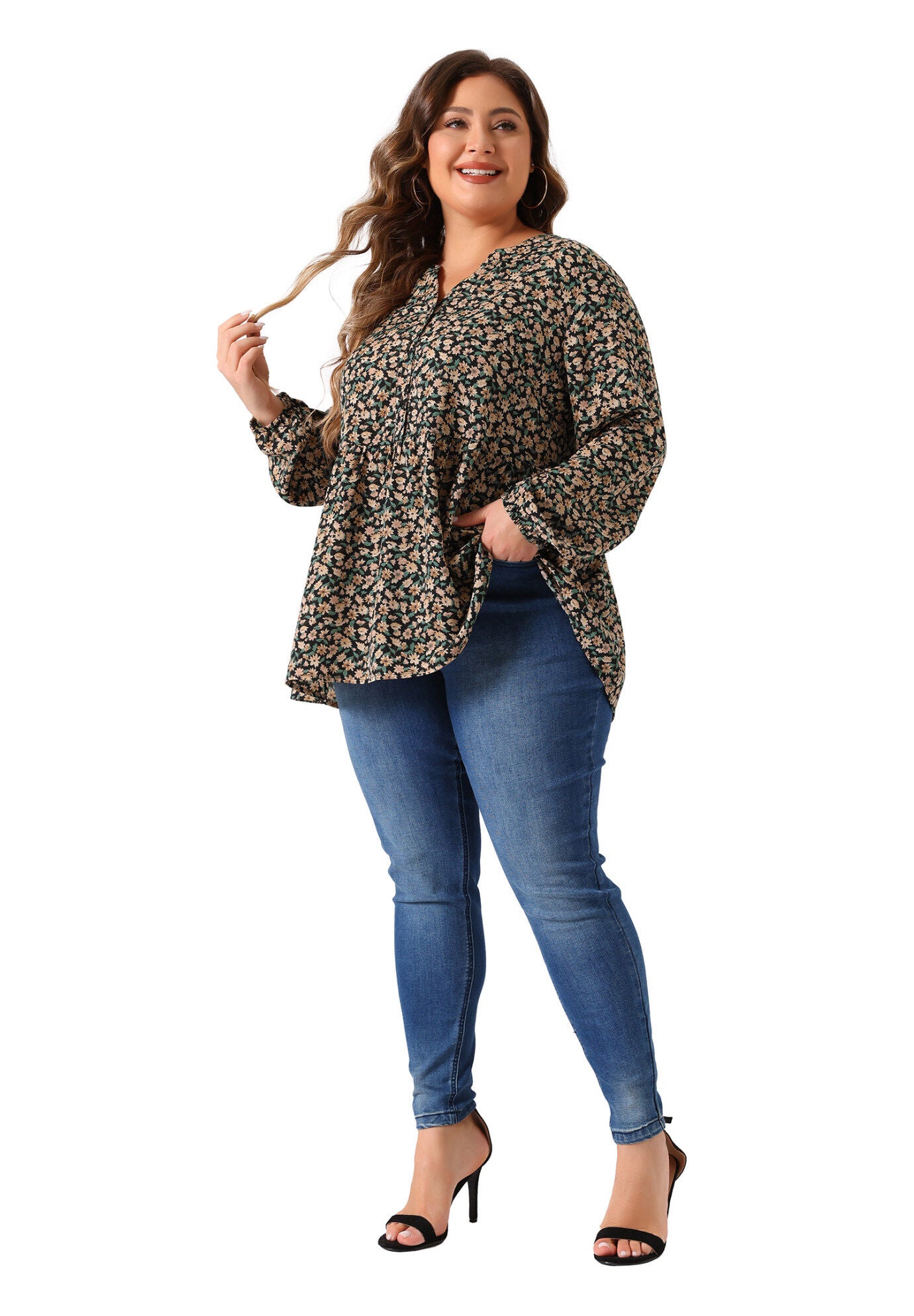 Elegant V Neck Floral Tops Chiffon Blouse, Black Beige / Beige, hi-res image number 0