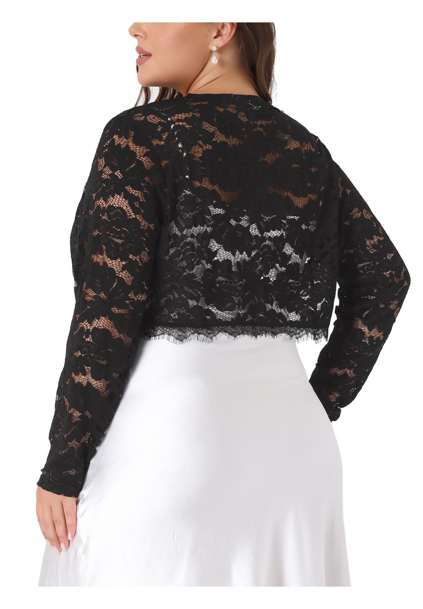 LONG SLEEVE FLORAL LACE SHRUG, Black / Black, alternate image number 3