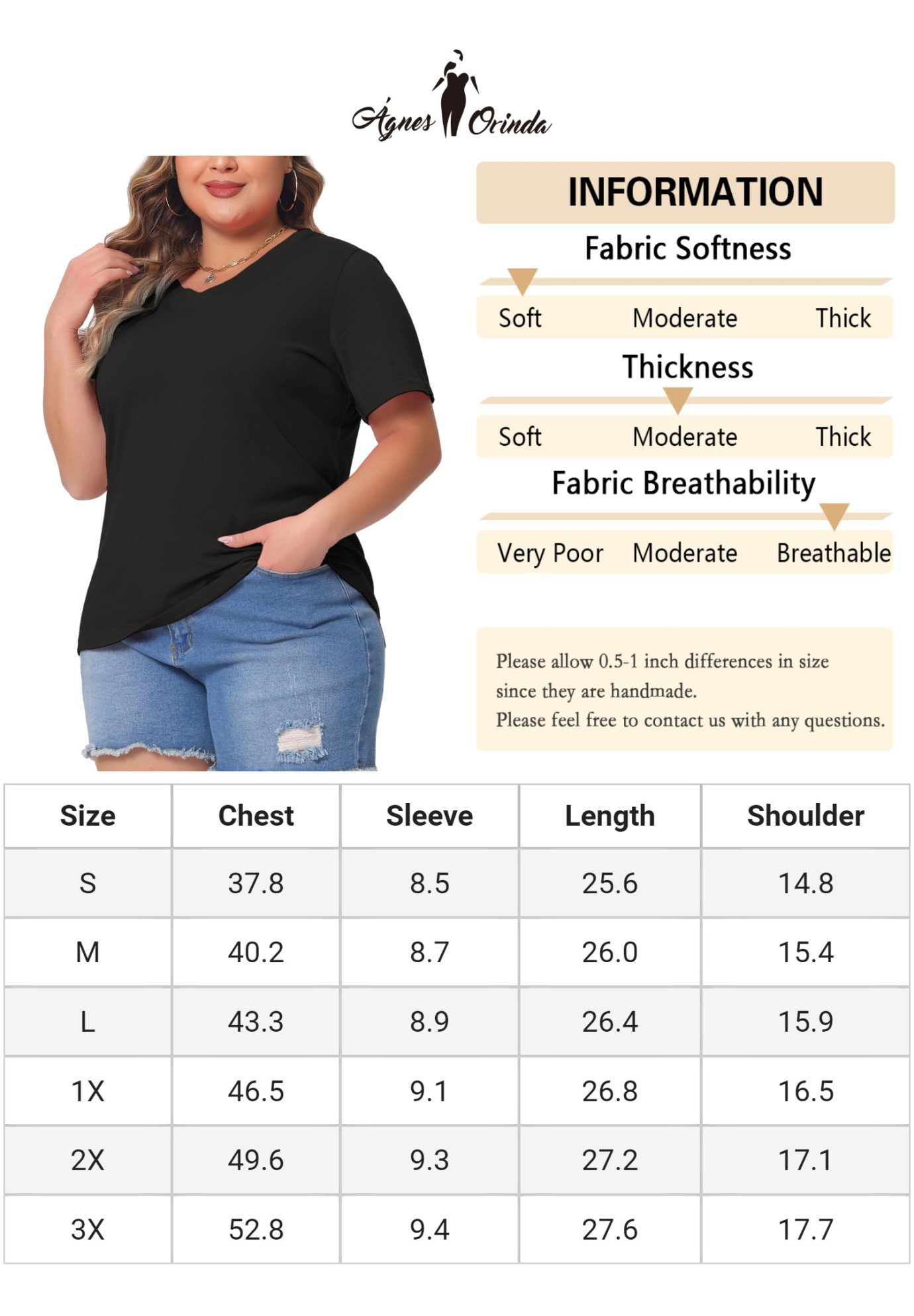 Short Sleeve V Neck Basic T-Shirt Top, Black / Black, alternate image number 1