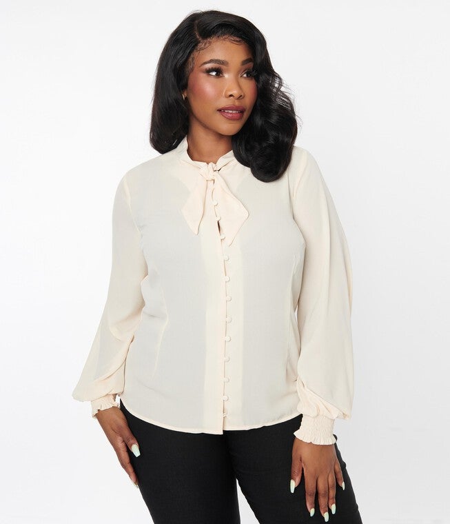 Unique Vintage Ivory Neck Tie Blouse, Ivory / Ivory, alternate image number 2