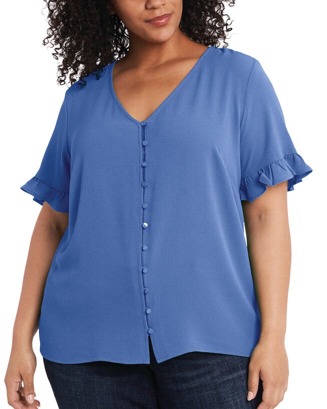 Sara Button Front Top, BLUE JAY / Cornflower Blue, hi-res image number null