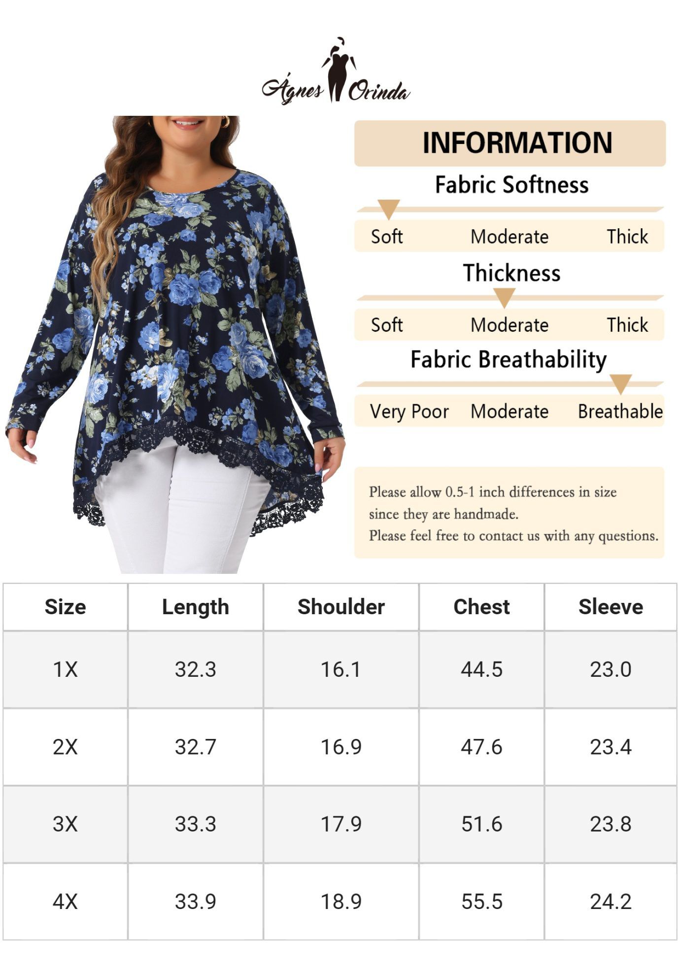 Crew Neck A-Line High Low Hem Floral Blouse, Navy Blue / Navy, alternate image number 4