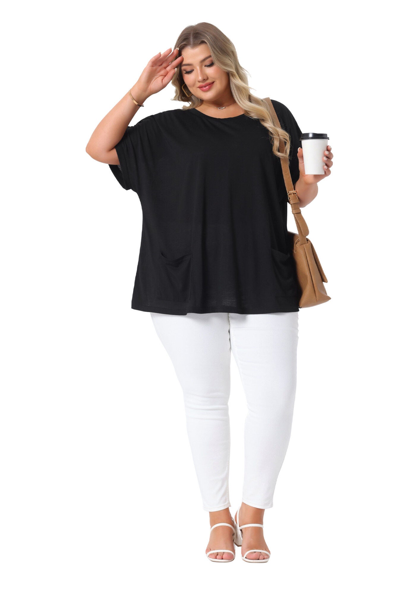 Short Sleeve Top Loose Fit Summer T-Shirt with Pocket, Black / Black, hi-res image number 0