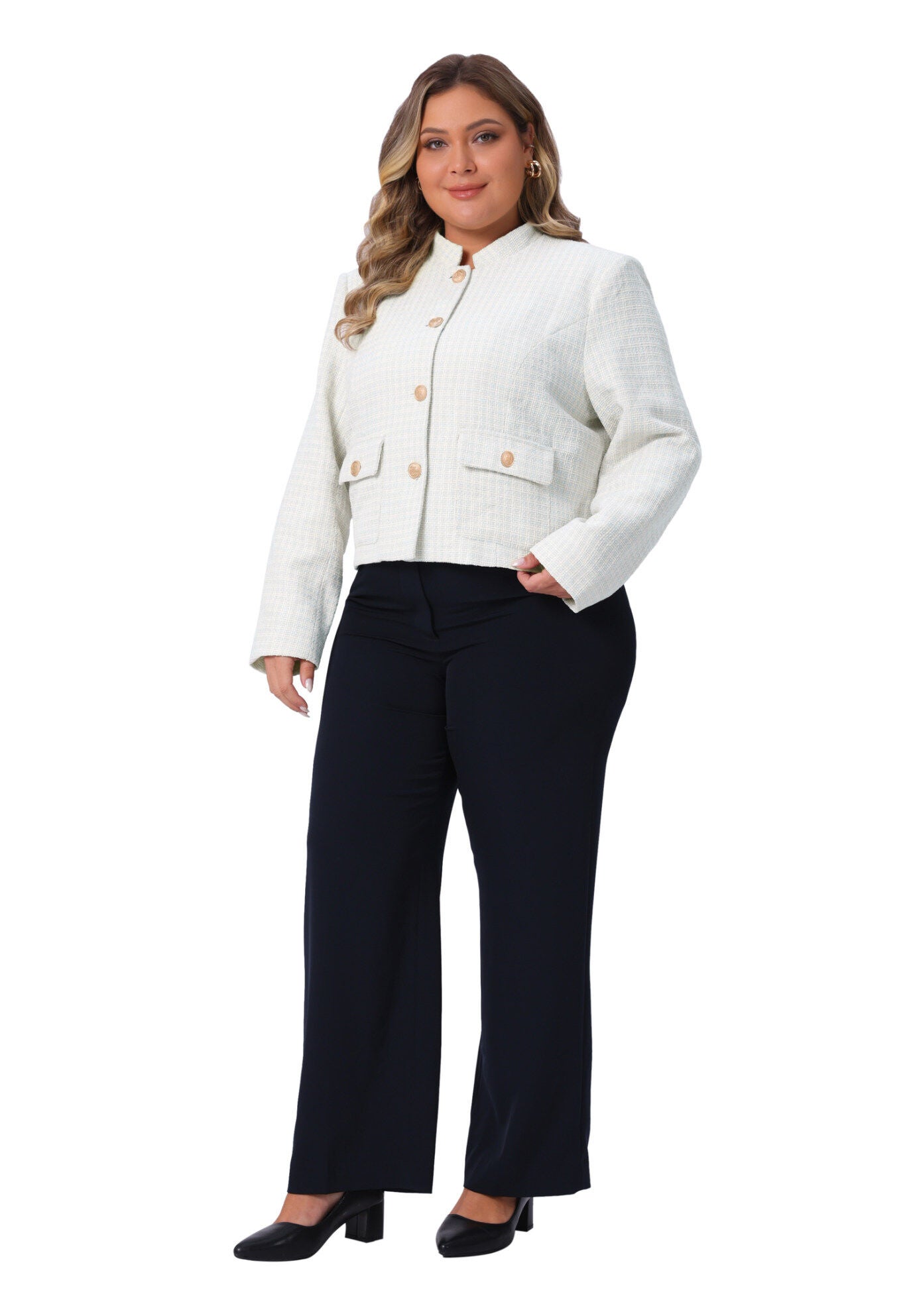 Tweed Long Sleeve Casual Cropped Jacket with Pockets, White / White, hi-res image number 0