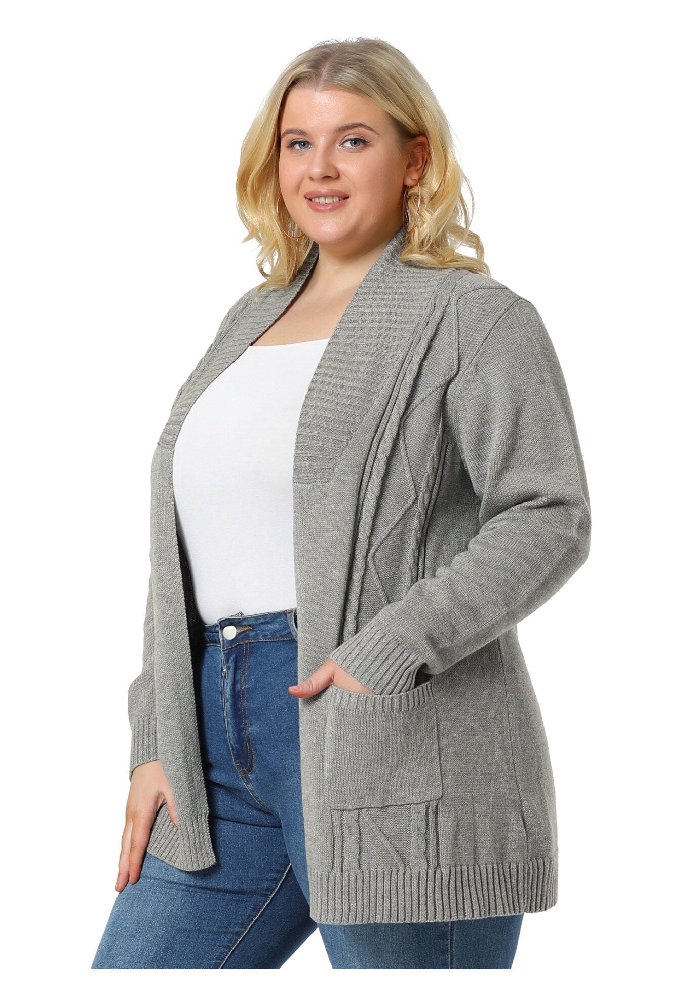 SHAWL COLLAR OPEN FRONT SWEATER CARDIGAN, Light Grey / Light Grey, alternate image number 1