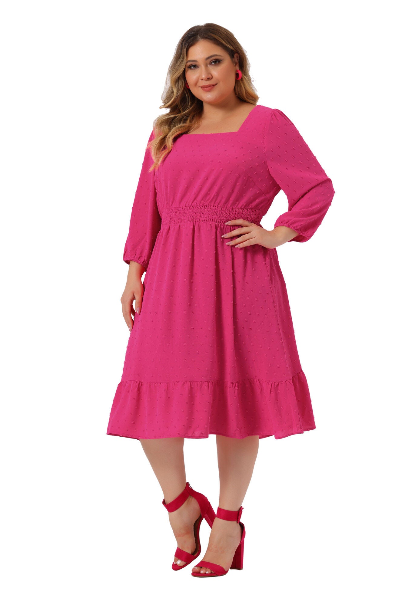 Swiss Dots Bohemian Square Neck Midi Chiffon Dress, Hot Pink / Deep Fuchsia, hi-res image number 0