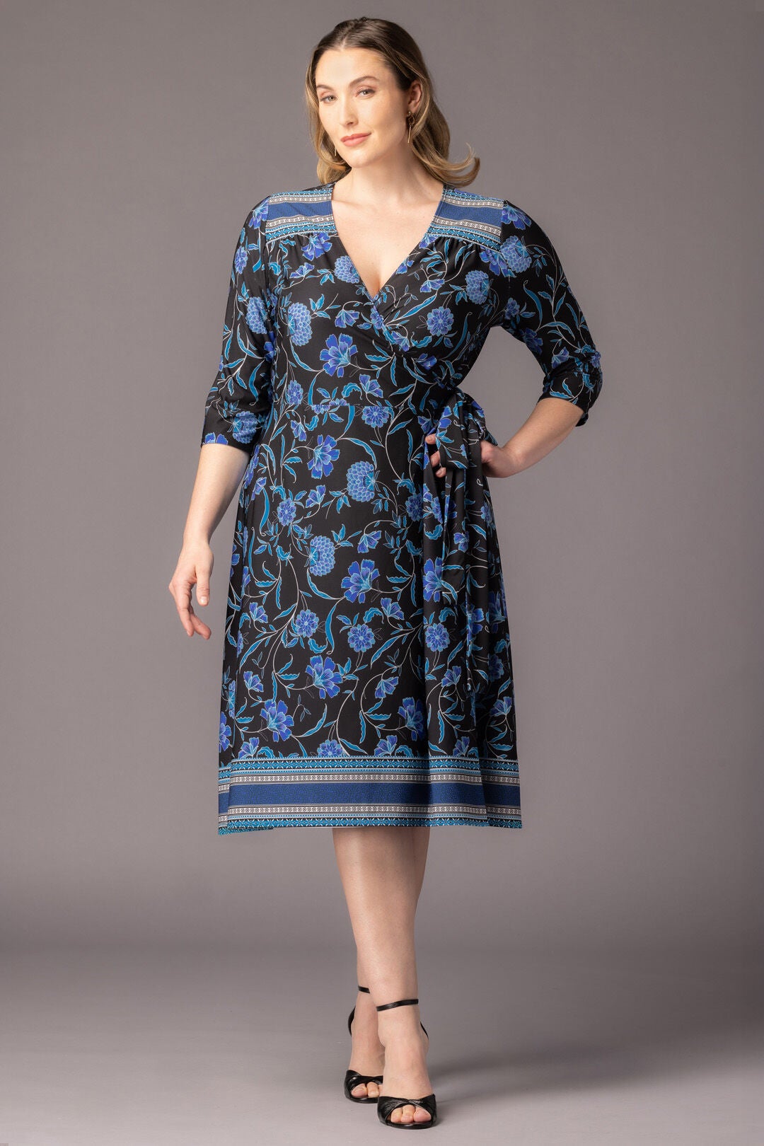 Beguiling Border Print Wrap Dress, Blue Border Print / Black, alternate image number 4