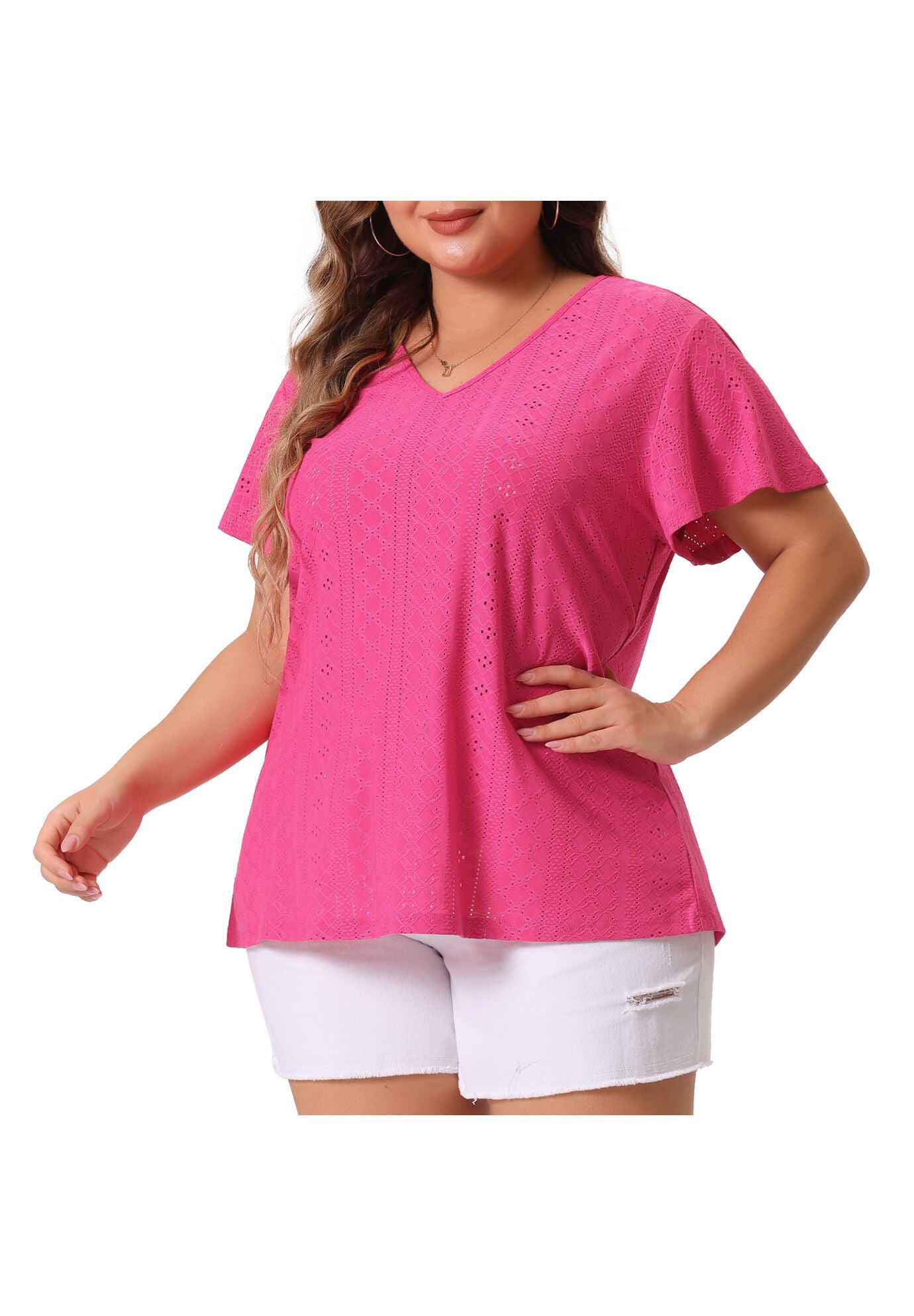 Summer Tee V Neck Hollow Flare Short Sleeve Casual Top Tunic, Hot Pink / Deep Fuchsia, alternate image number 2