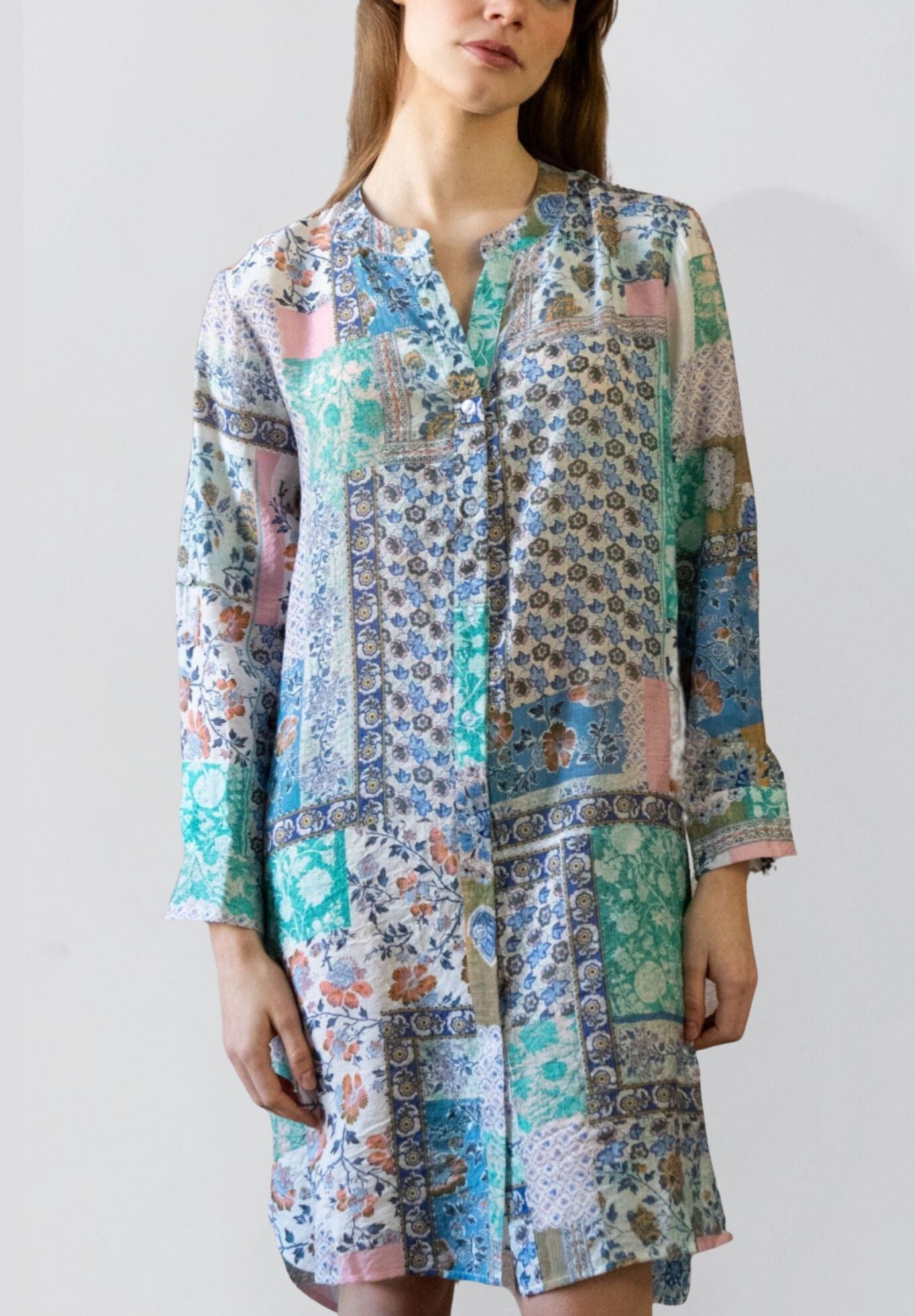 Annick- Lara Patchwork Print Boho Tunic Shirt Dress Long Sleeves, White / Azure Blue, hi-res image number 0