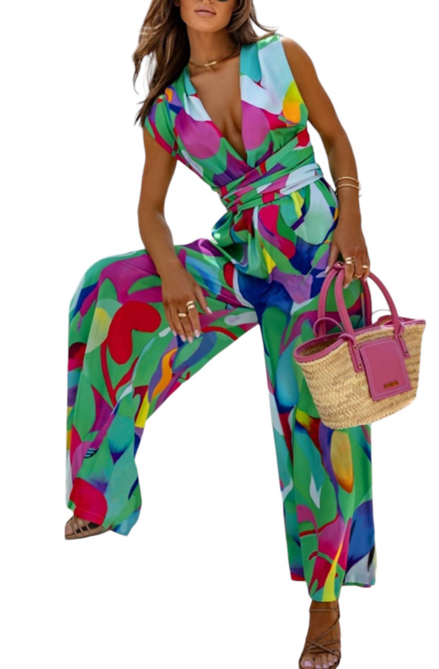 Valina Tie Up Abstract Wide Leg Jumpsuit, Green / Kelly Green, alternate image number 1