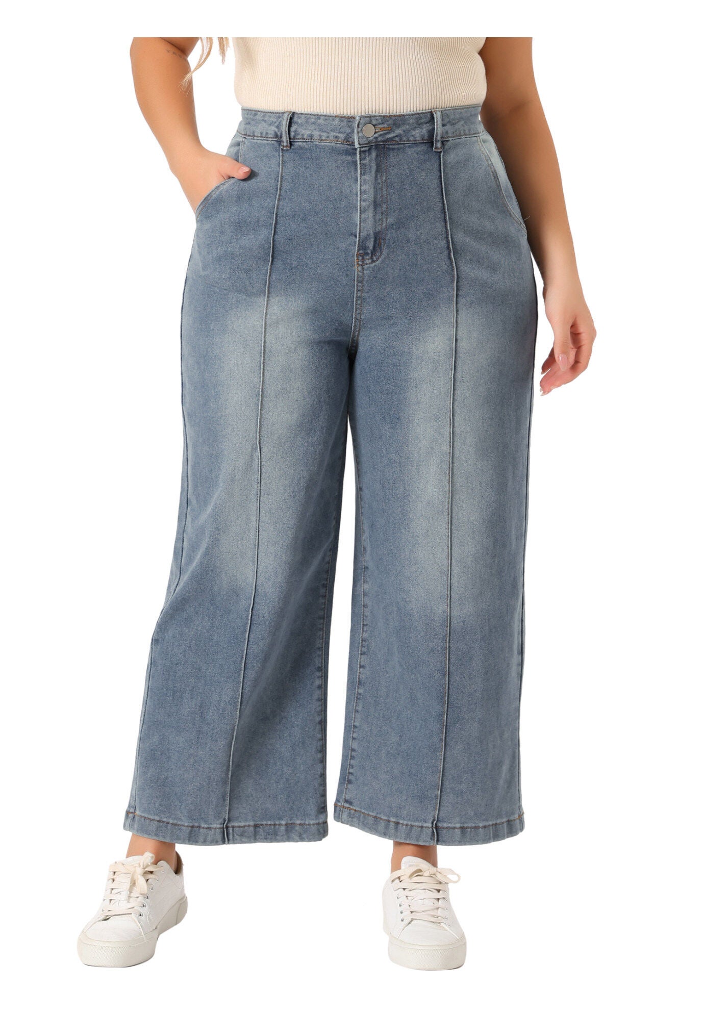 WIDE LEG BAGGY WASHED STRETCH DENIM ANKLE JEANS, Gray Blue / Dusty Blue, alternate image number 2