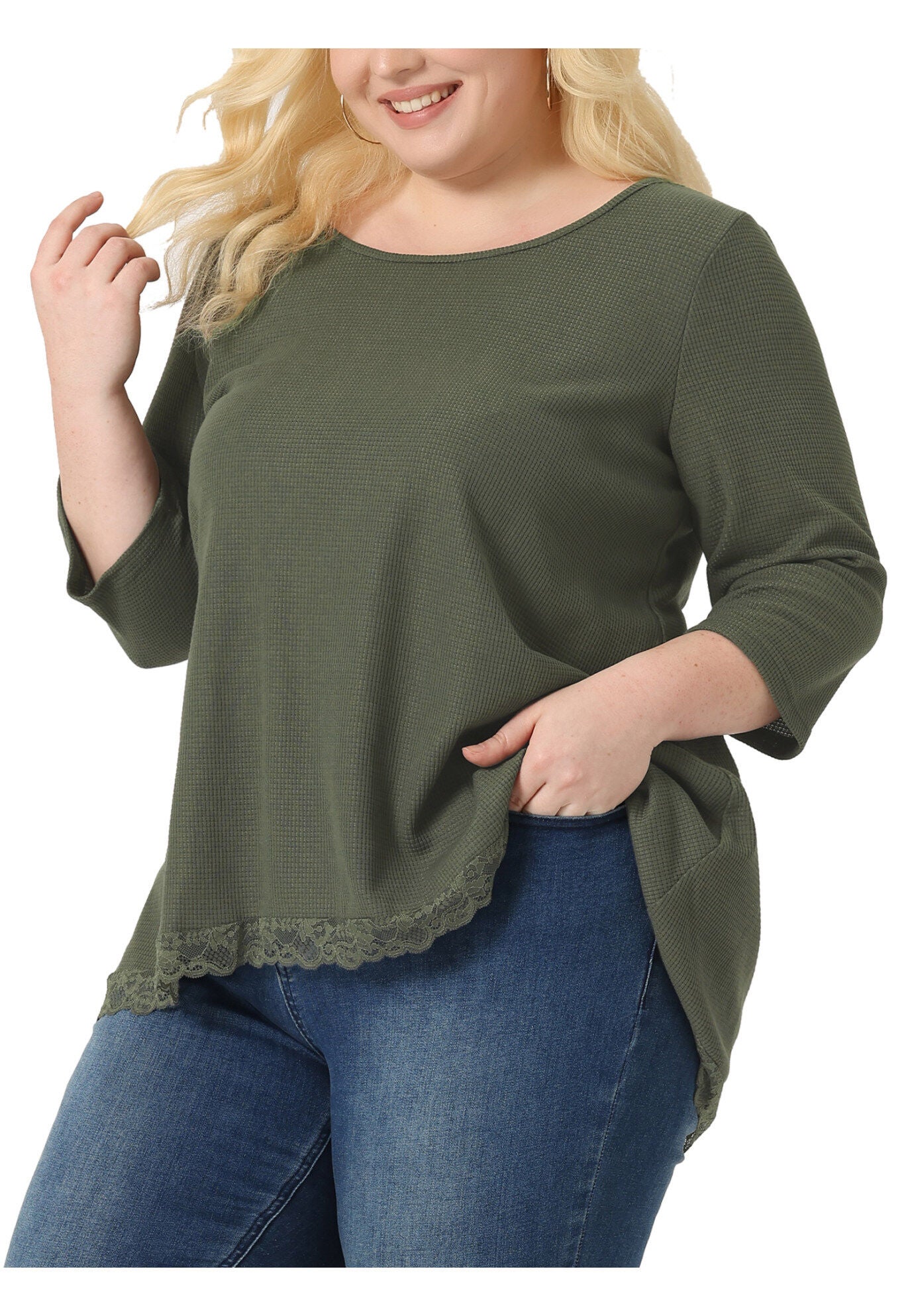 Waffle 3/4 Sleeve Lace Panel Loose High Low Hem Blouse Top, Army Green / Olive Green, alternate image number 2
