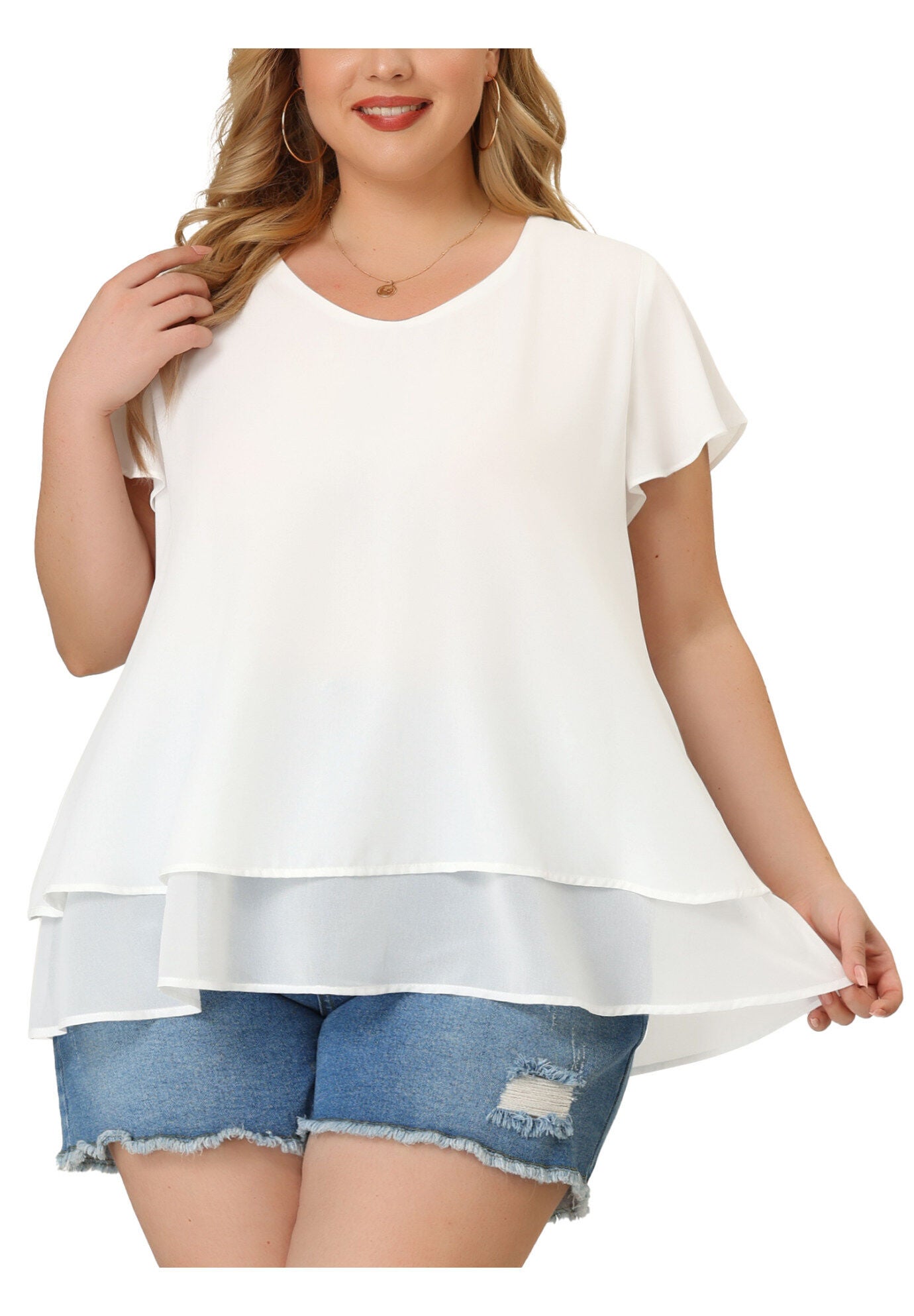 Summer Top Ruffle Short Sleeve V Neck Double Layered Hem Chiffon Blouse, White / White, alternate image number 2