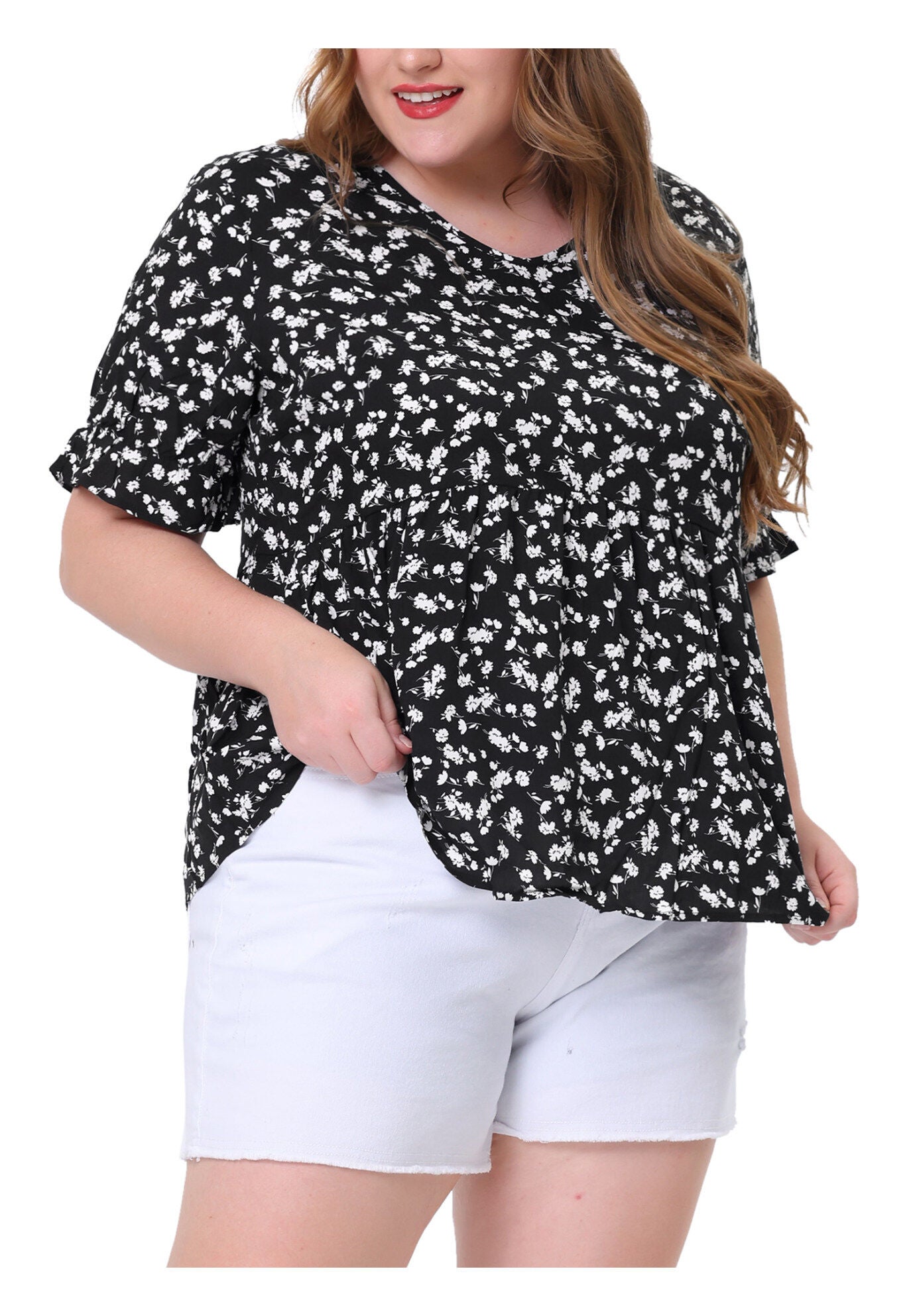 Floral Peplum Top V Neck Ruffle Short Sleeve Babydoll Blouse, Black / Black, alternate image number 2