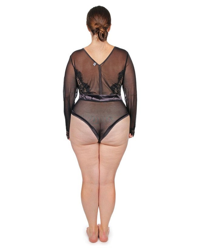 Women's Josephine Long Sleeve Lace Mesh Bodysuit, Black / Black, alternate image number null