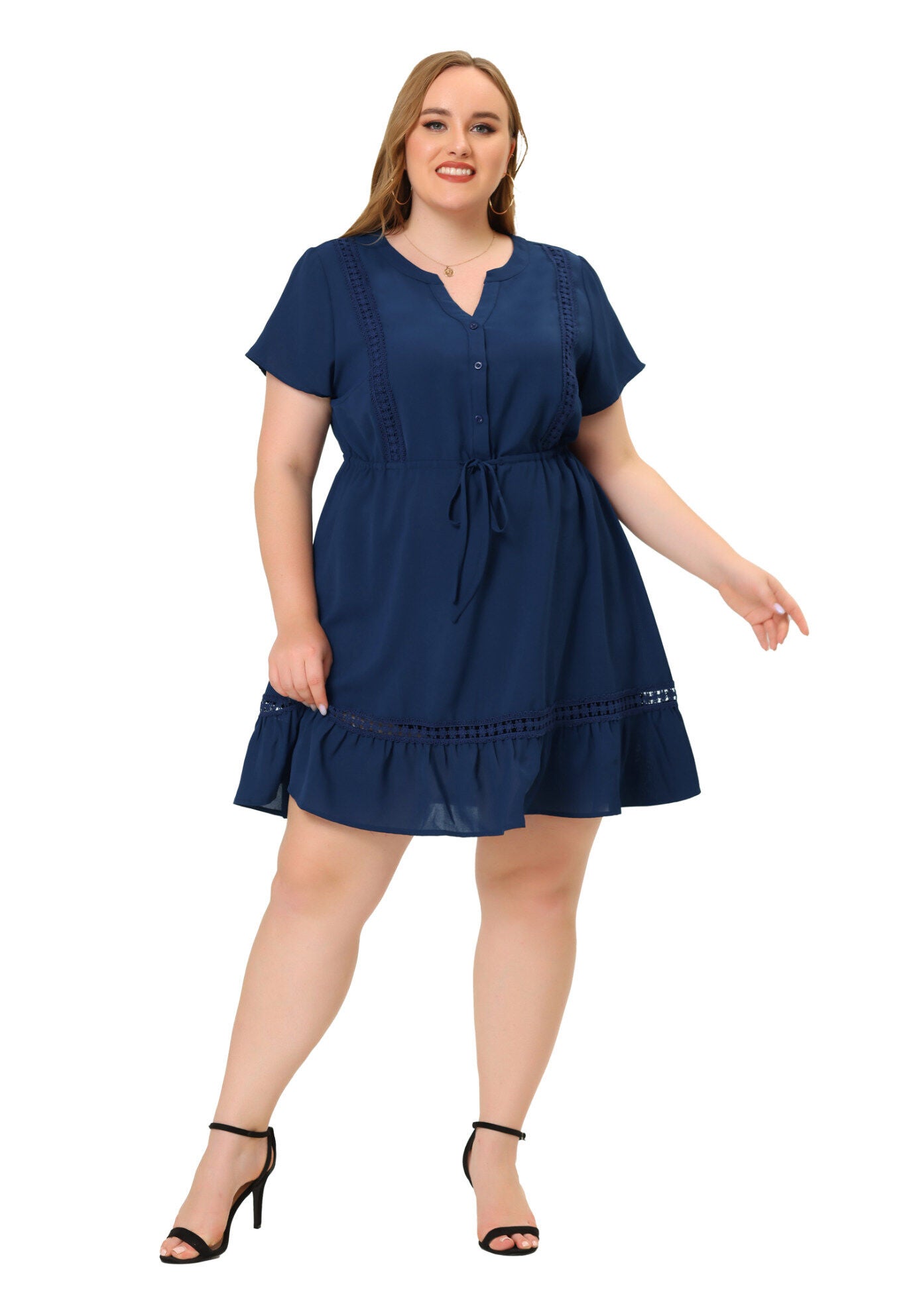 Button V Neck Summer Midi Ruffle A Line Swing Dress, Navy Blue / Navy, hi-res image number 0