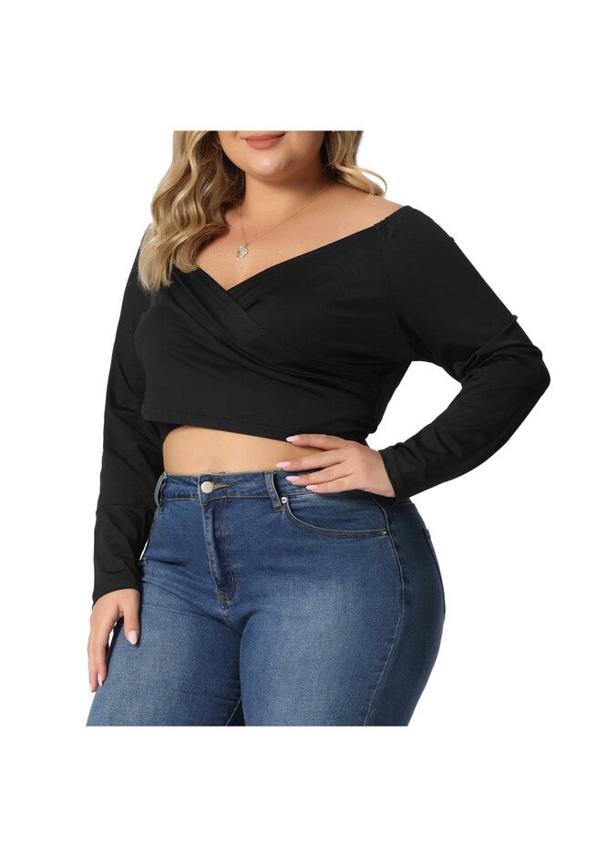 OFF SHOULDER LONG SLEEVE CROSS WRAP V NECK CROP TOP, Black / Black, alternate image number null
