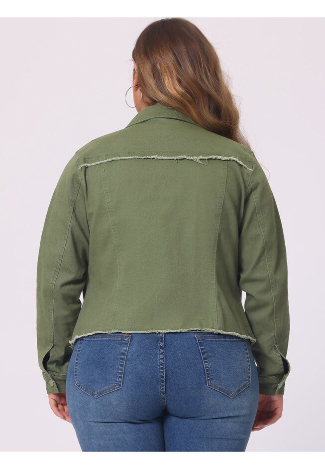 WASHED FRONT FRAYED DENIM JACKET, Green / Sage Green, alternate image number 3
