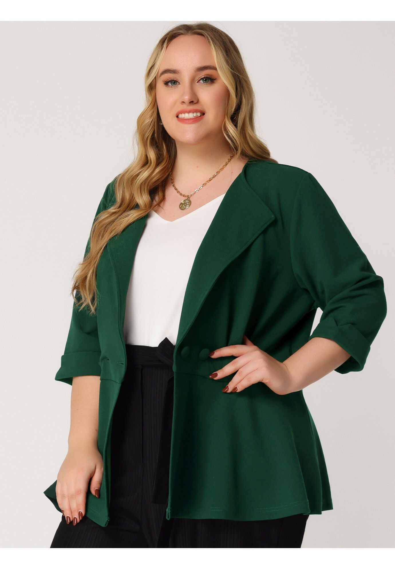 NOTCHED LAPEL PEPLUM JACKET SUIT BLAZER, Dark Green / Forest Green, alternate image number 1