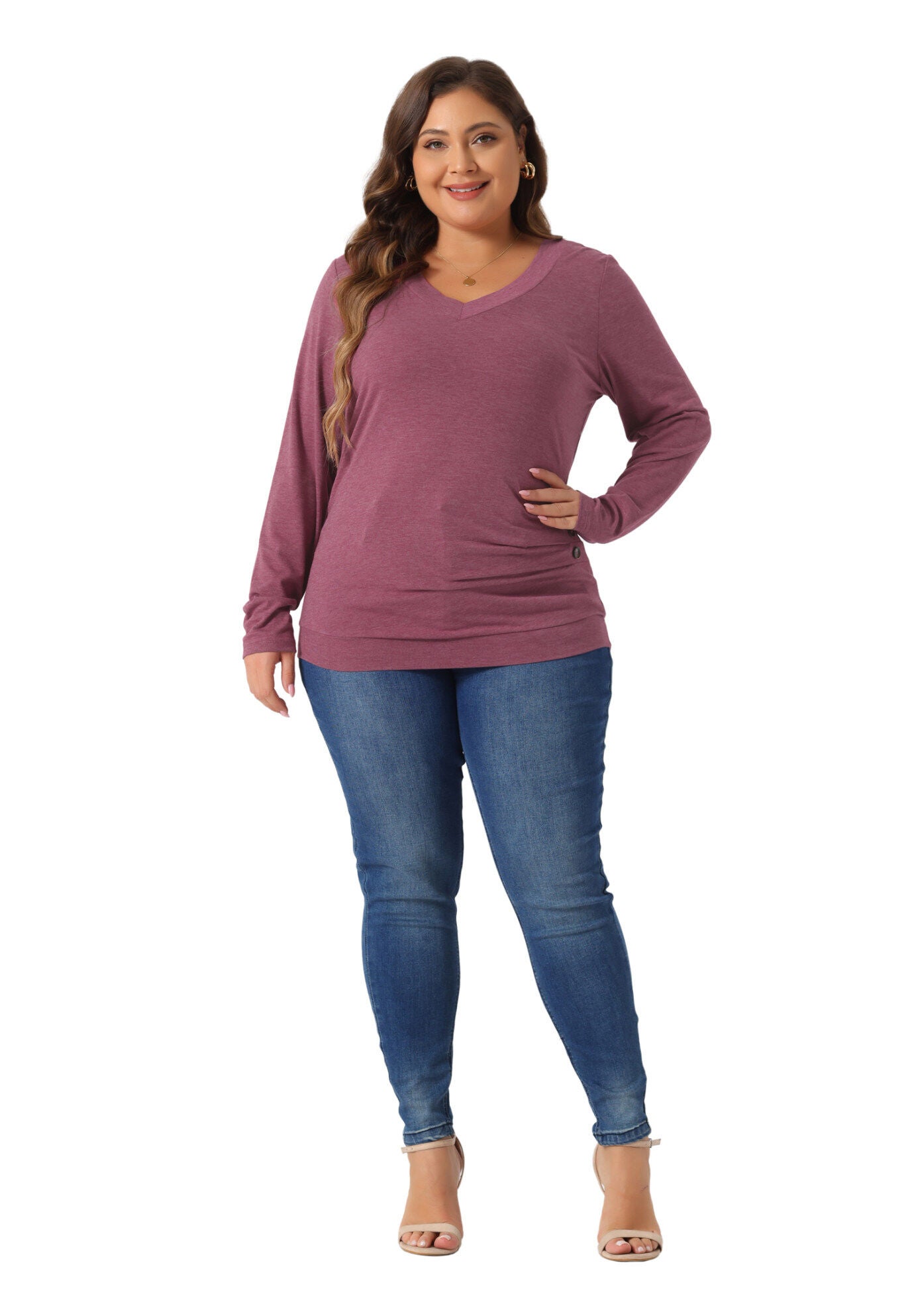 V Neck Long Sleeve Buttons Decor Ruched Casual Blouse Tunic Top, Purple Red / Purple, hi-res image number 0