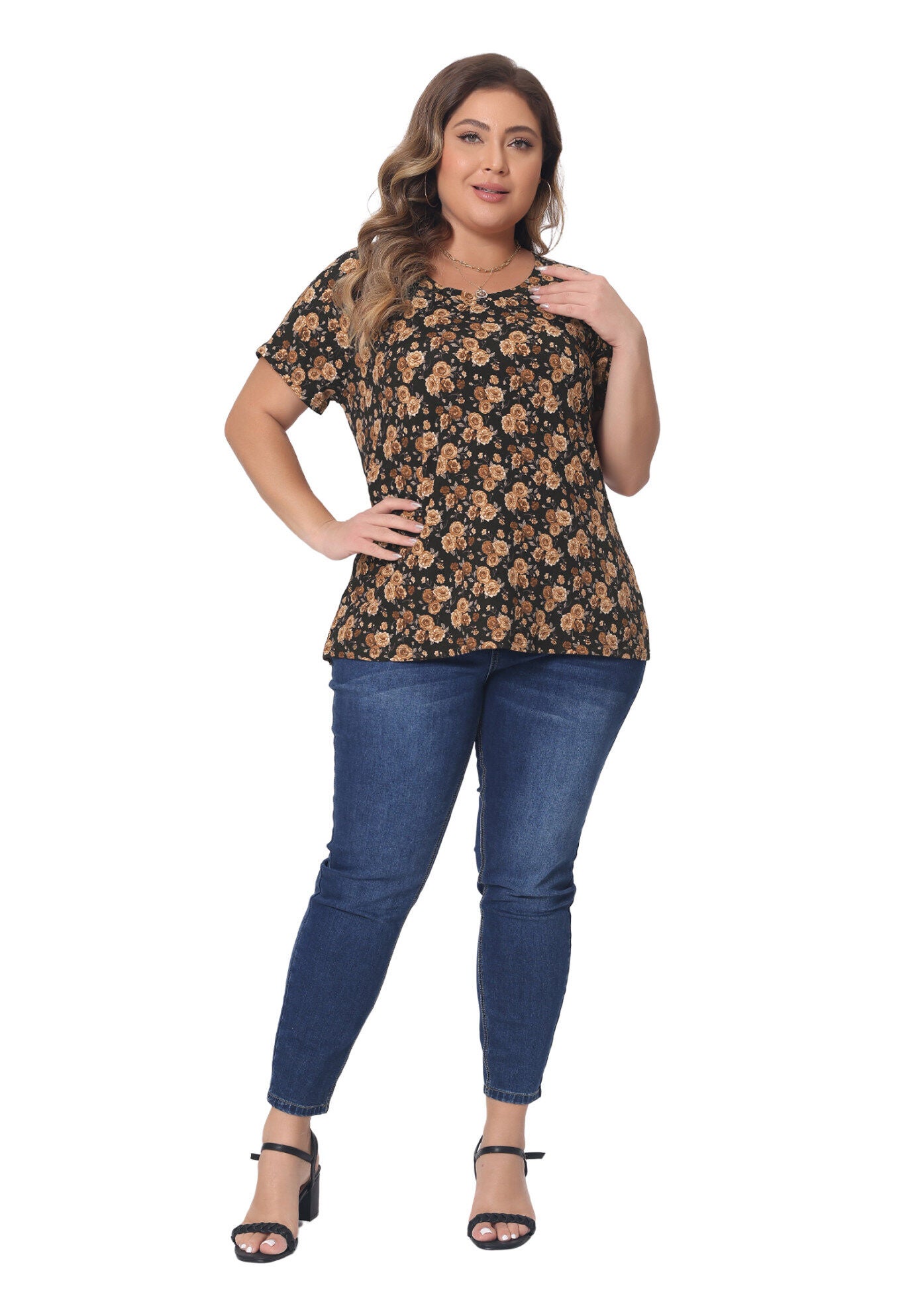 Floral Blouse Short Sleeves Loose Top, Brown / Brown, hi-res image number 0