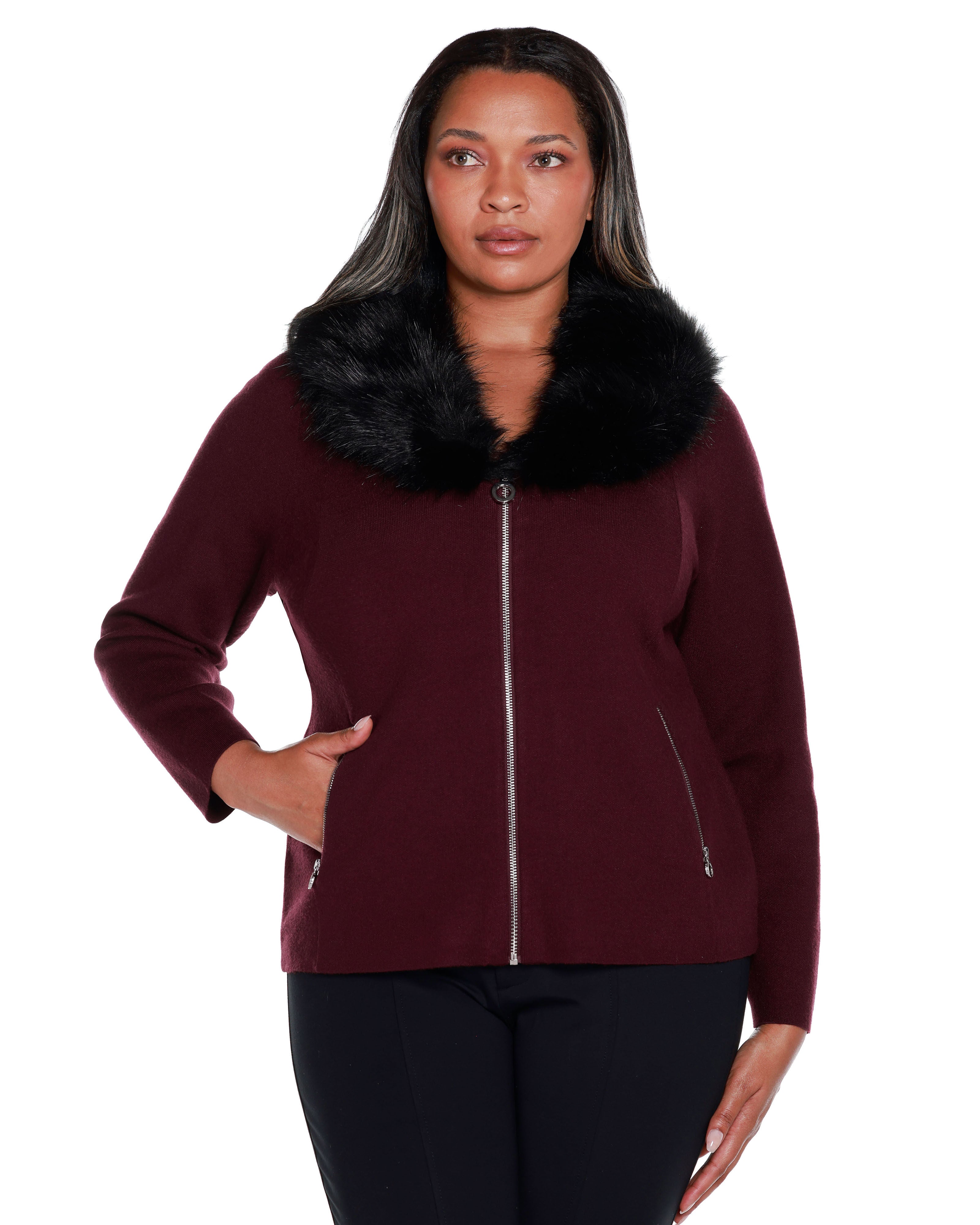 FAUX FUR COLLAR SHORT ZIP CARDIGAN SWEATER, Black Cherry / New Wine, hi-res image number 0