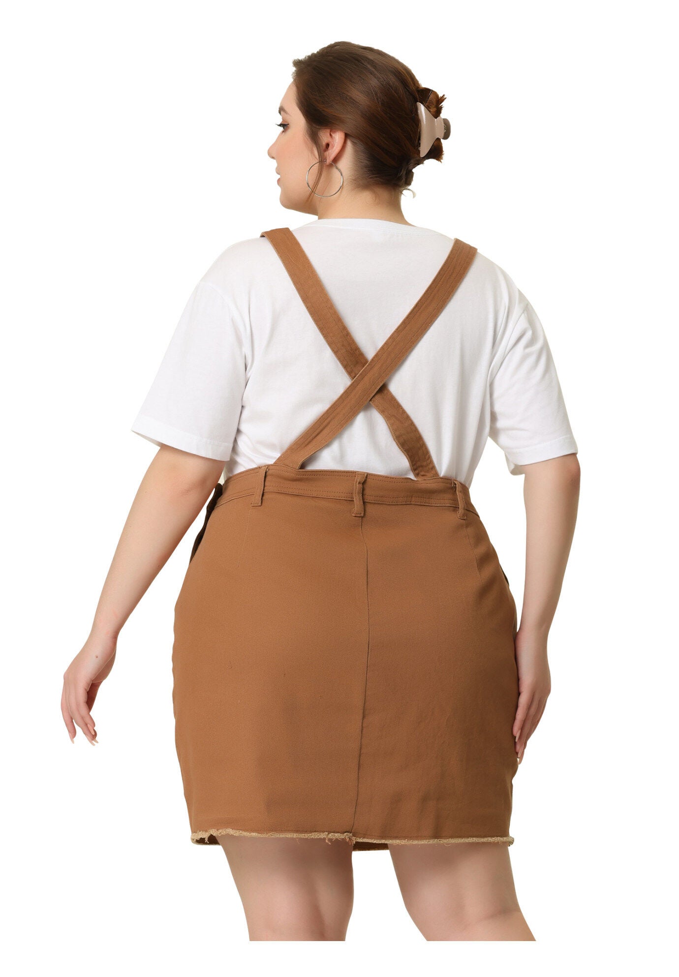 ADJUSTABLE STRAP DISTRESSED DENIM SUSPENDER SKIRT OVERALL DRESS, Brown / Brown, alternate image number 3