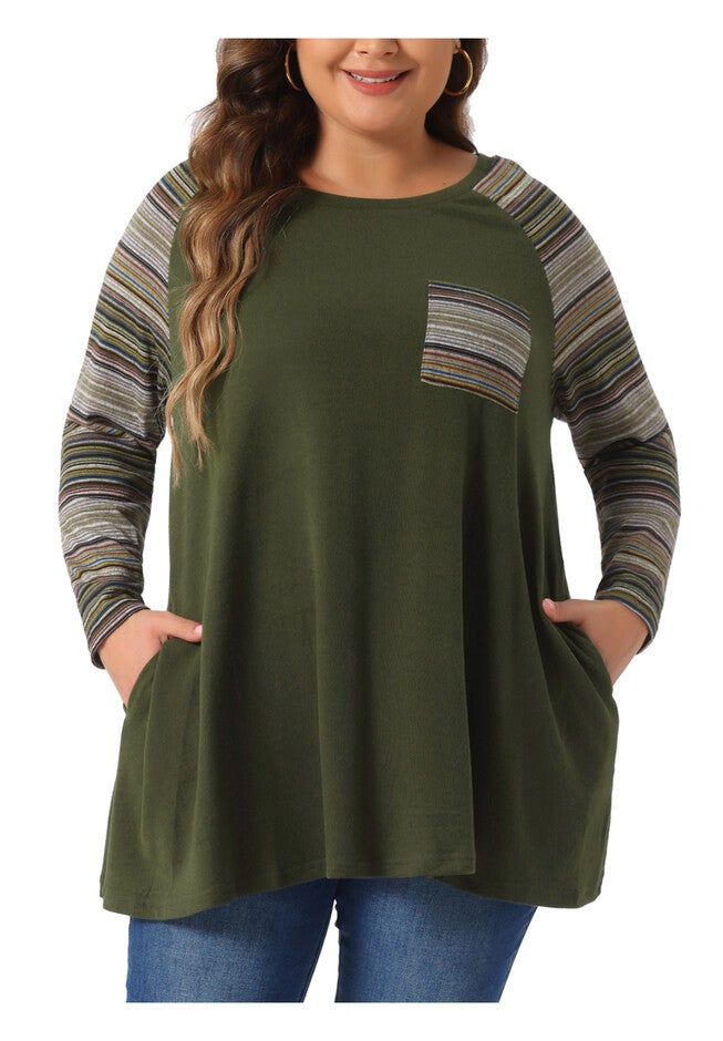 Raglan Color Block Knit Pullover Shirt Tunic Top with Pockets, Army Green / Sage Green, alternate image number 2