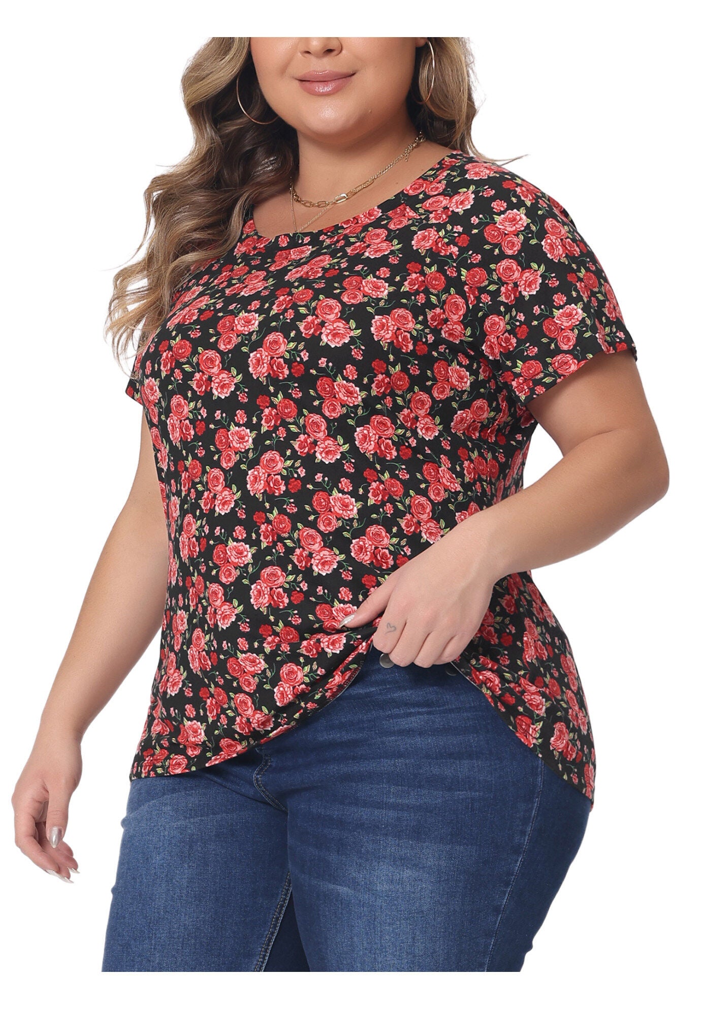 Floral Blouse Short Sleeves Loose Top, Red / Red, alternate image number 1