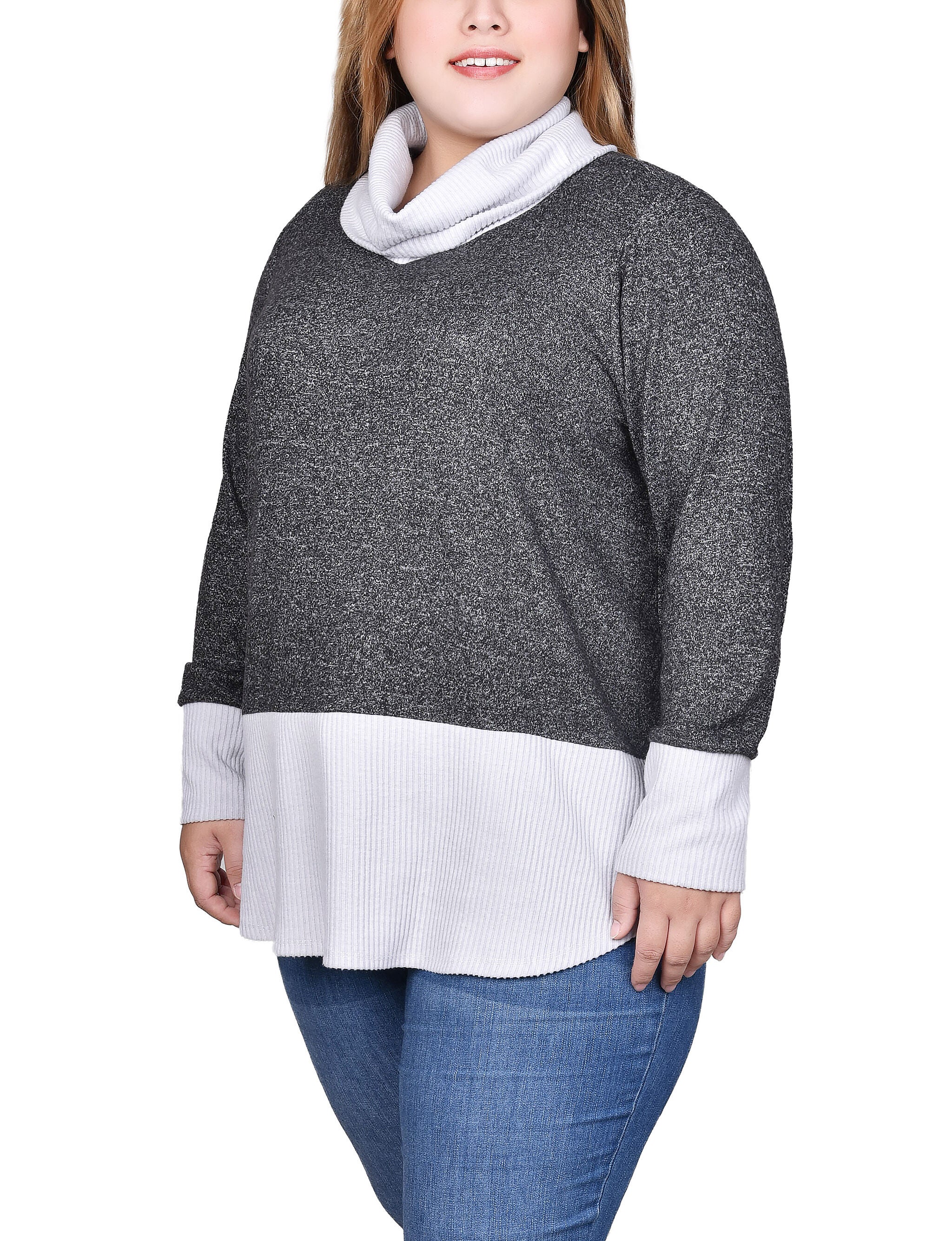 Long Sleeve Cowl Neck Colorblocked Top, Black Charcoal, alternate image number 2