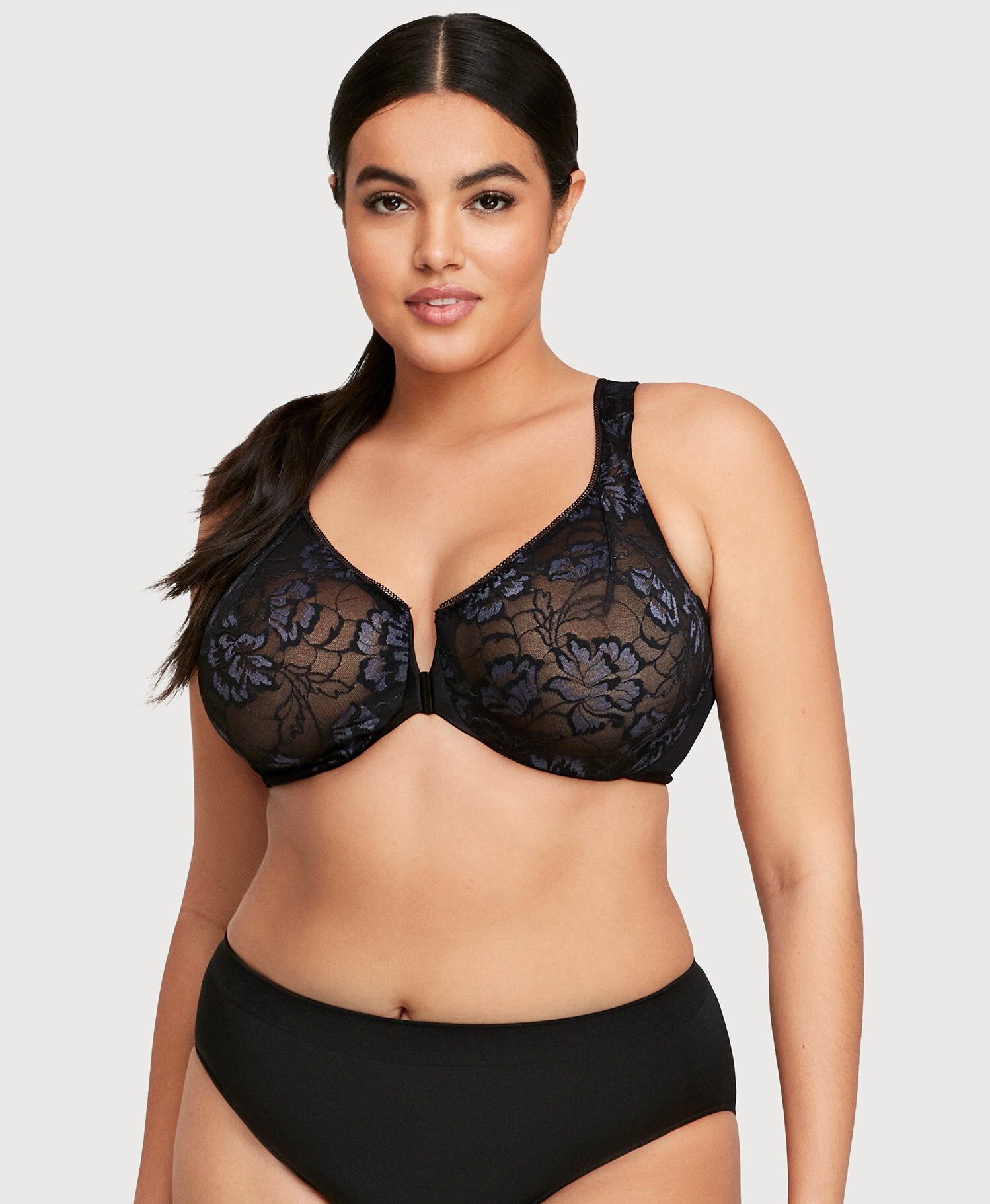 Lacey T-Back Front-Closure WonderWire Bra, Black / Black, alternate image number 2