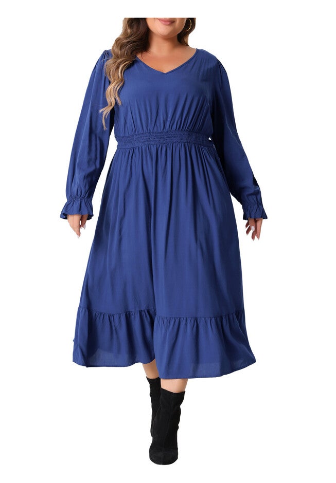 V Neck High Waist Ruffle Long Sleeve Dress with Pockets, Royal Blue / Royal Blue, alternate image number 2