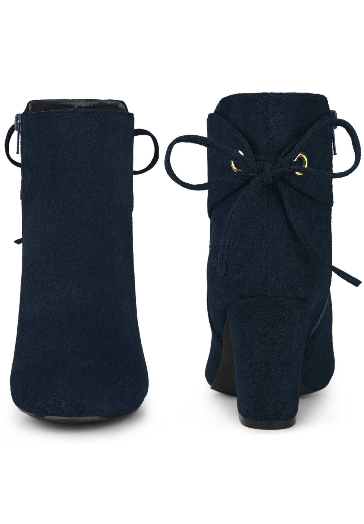 Round Toe Lace Up Back Chunky High Heels Ankle Boots, Navy Blue / Navy, alternate image number 1