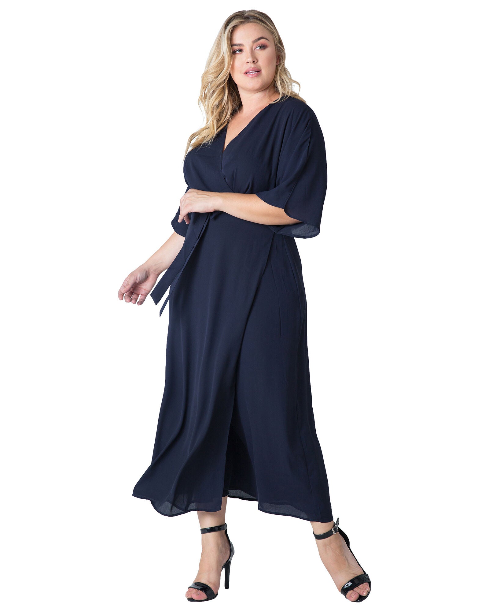 Plus Size Olivia Kimono Wrap Maxi Dress, Blue / Navy, hi-res image number 0